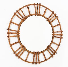 Rattan Bamboo Round Mirror, 1950s