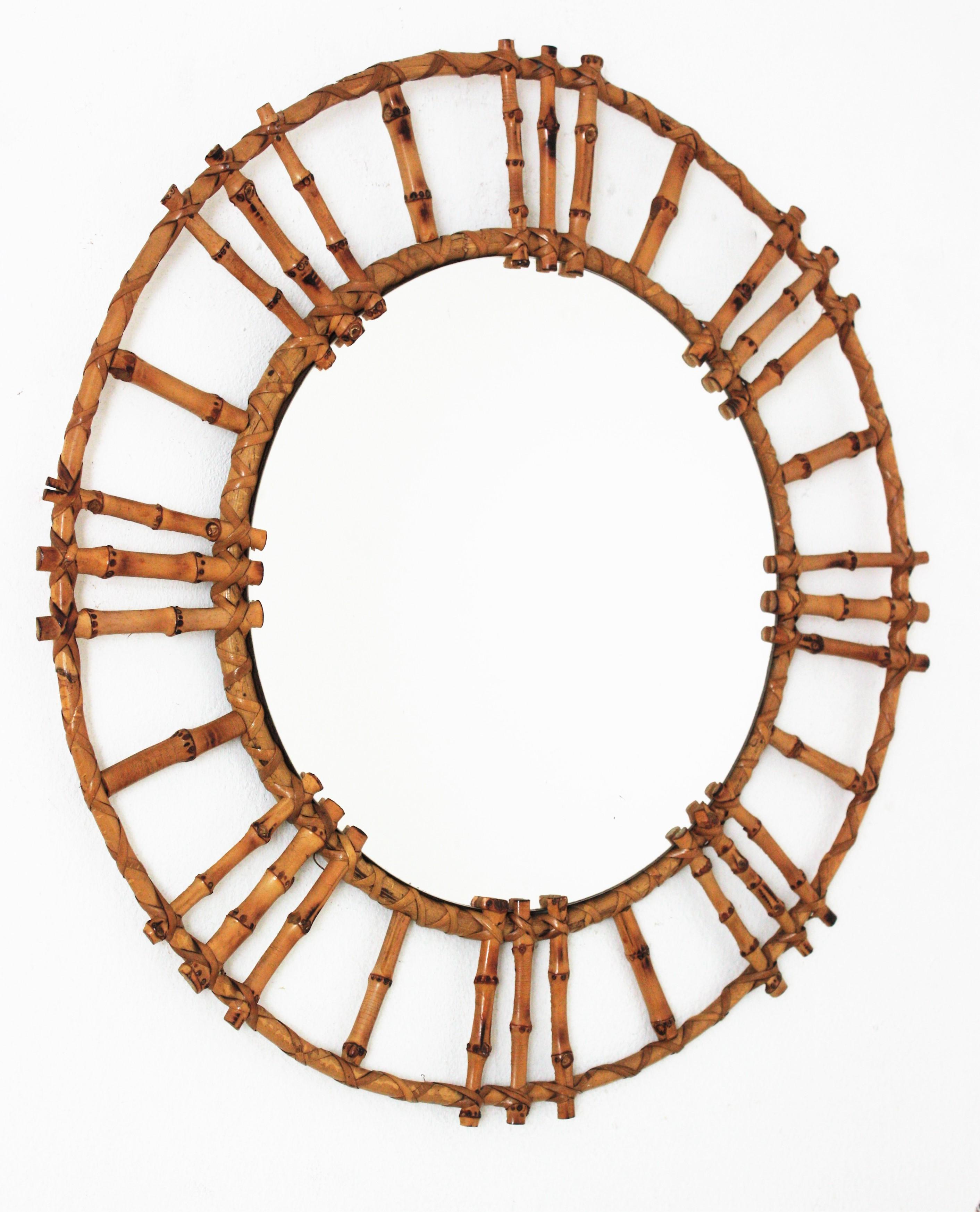 Mid-Century Modern Rattan Bamboo Round Mirror, 1950s For Sale