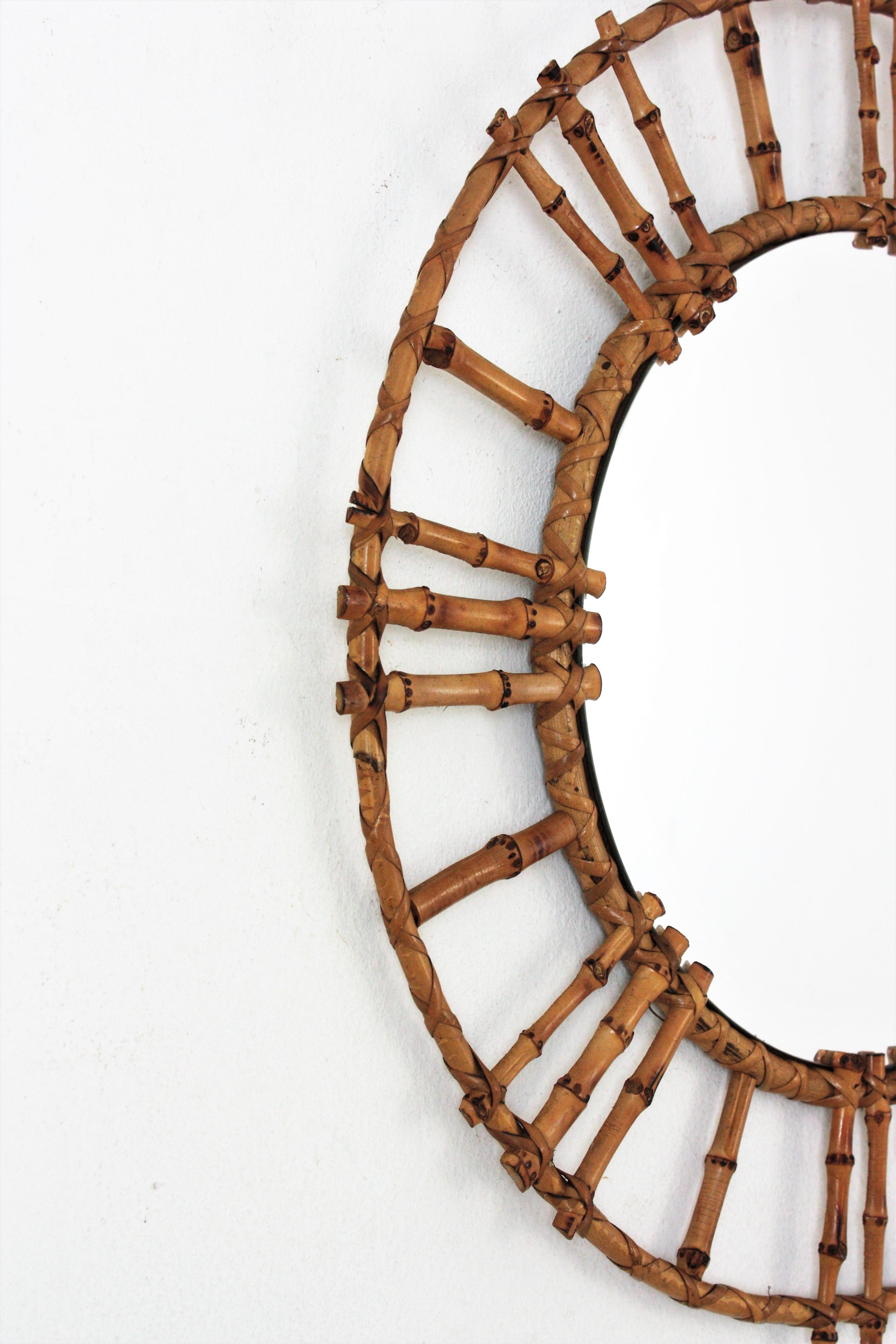 Spanish Rattan Bamboo Round Mirror, 1950s For Sale