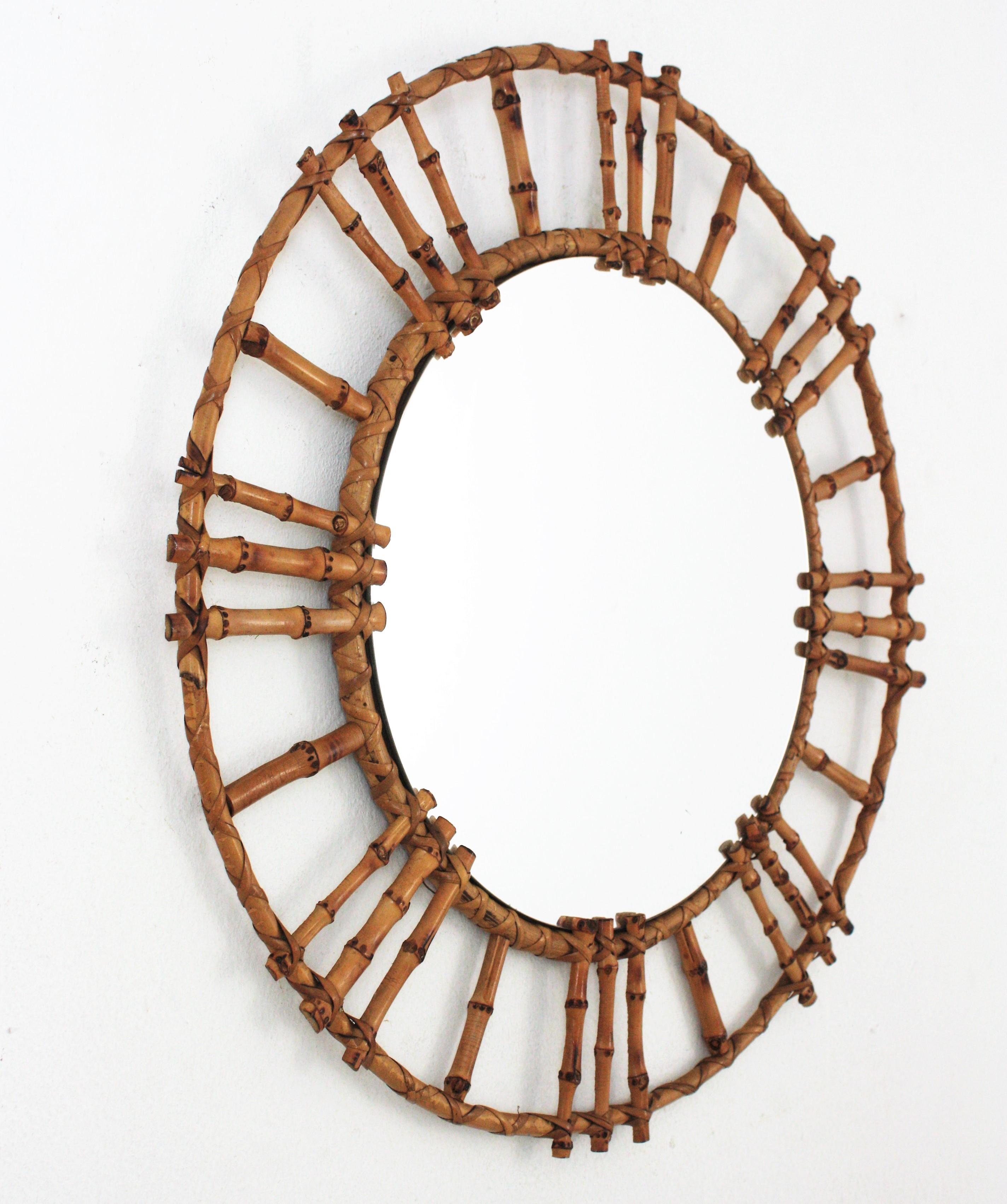 Hand-Crafted Rattan Bamboo Round Mirror, 1950s For Sale