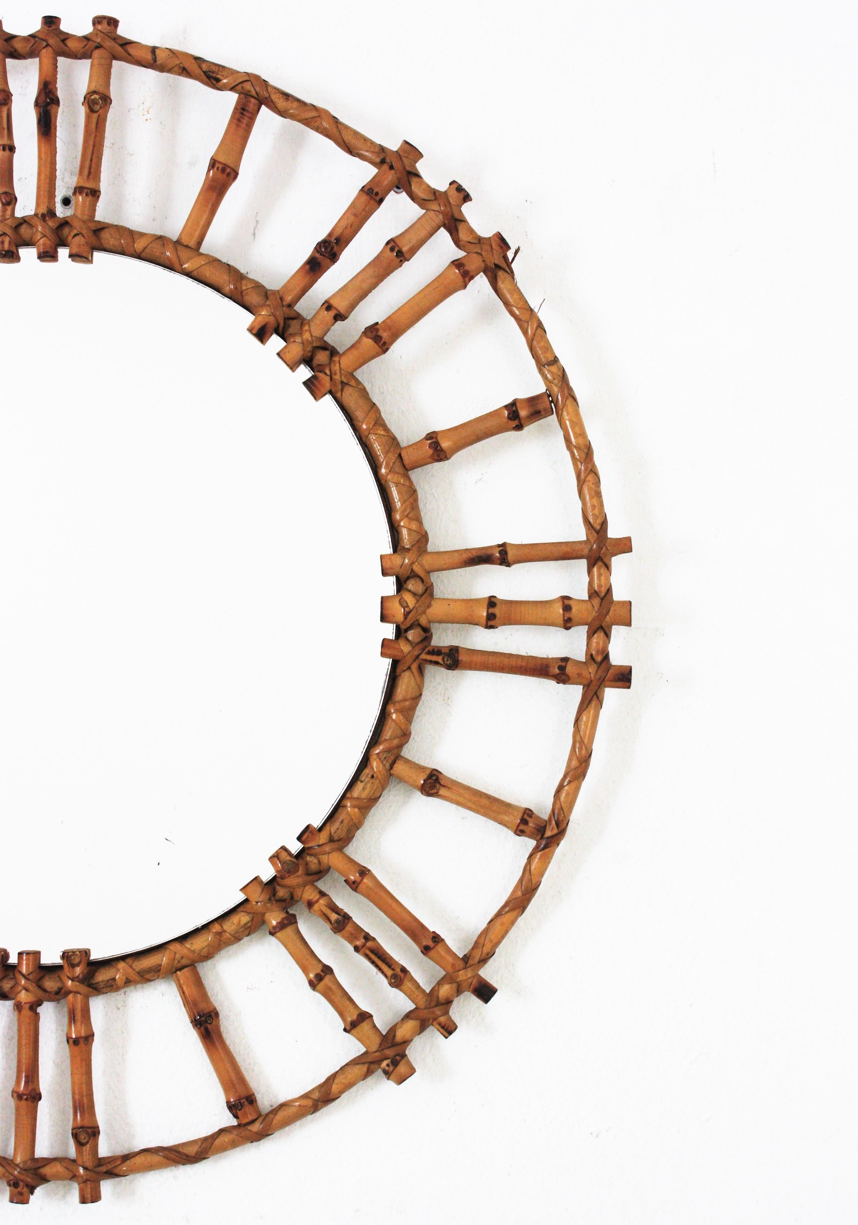 20th Century Rattan Bamboo Round Mirror, 1950s For Sale