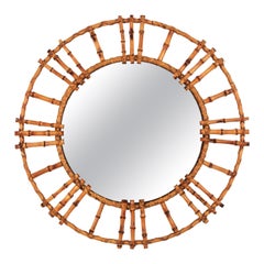 Specchio rotondo in rattan e bambù, anni '1950