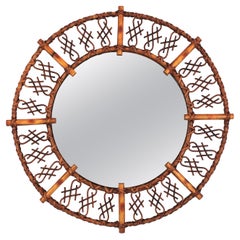 Rattan Bamboo Round Mirror, Chinoiserie Design, 1960s
