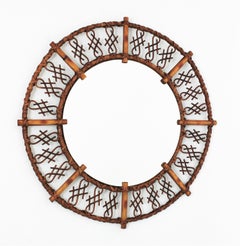 Rattan Bamboo Round Mirror, Chinoiserie Design, 1960s
