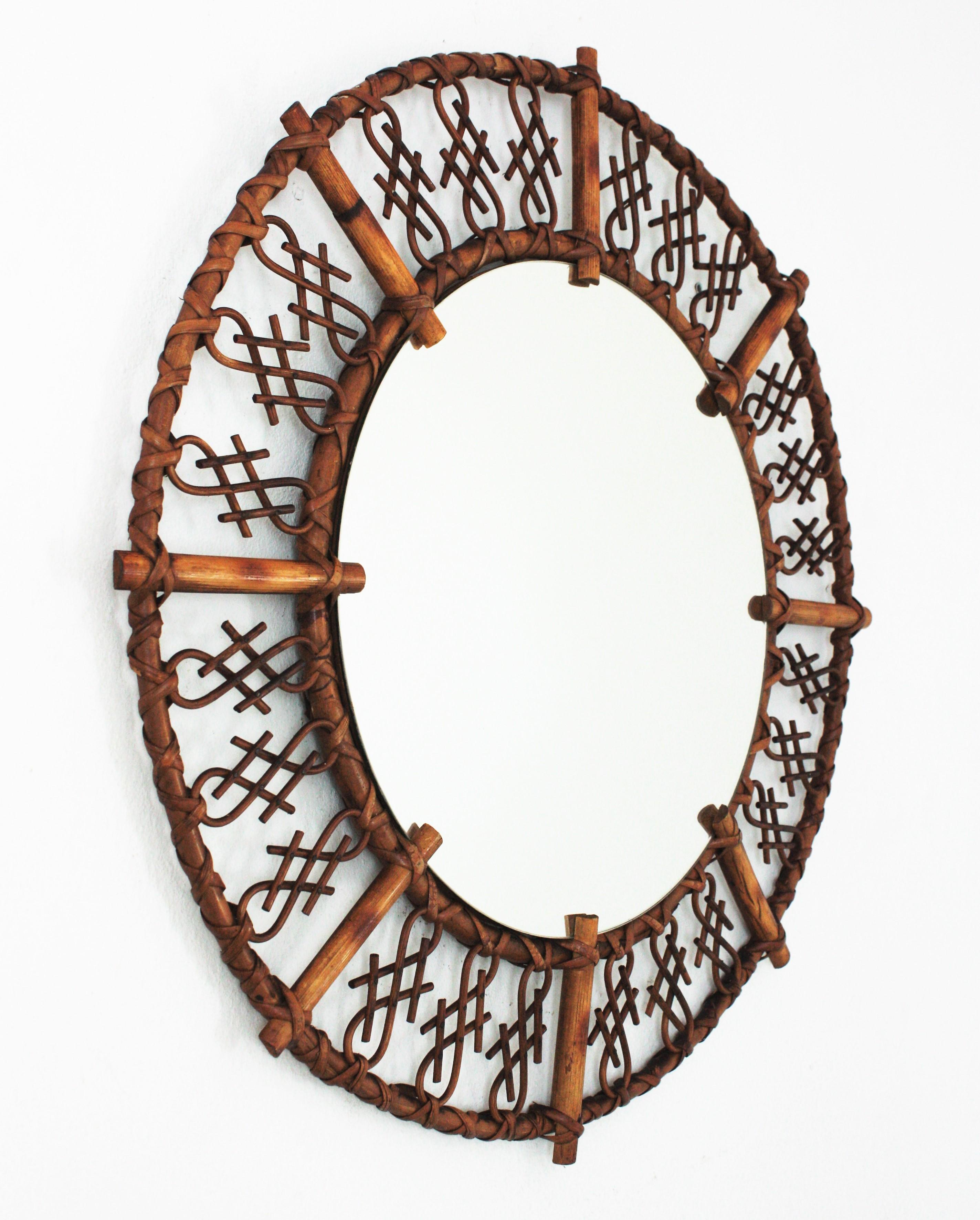 Hand-Crafted Rattan Bamboo Round Mirror with Chinoiserie Accents, 1960s For Sale