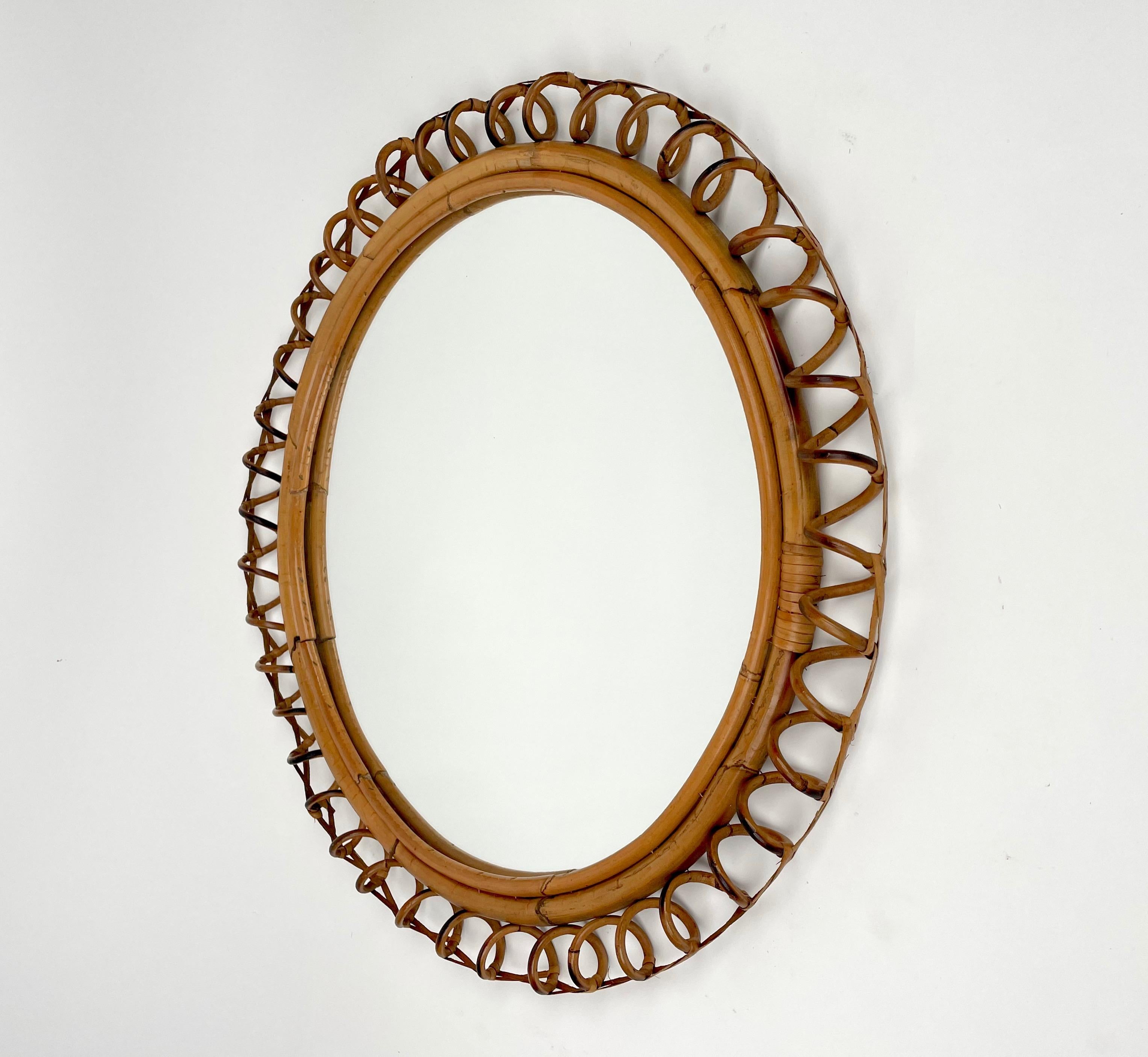 Mid-Century Modern Rattan & Bamboo Round Wall Mirror, Italy, 1960s