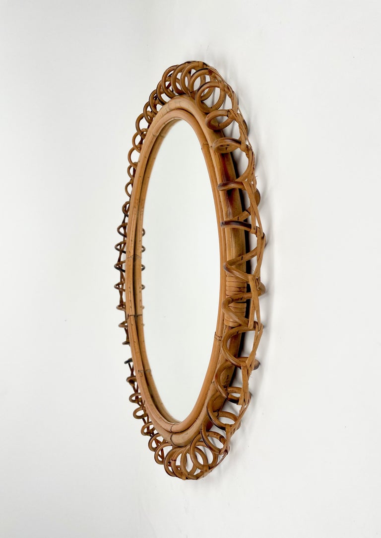 Italian Rattan & Bamboo Round Wall Mirror, Italy, 1960s