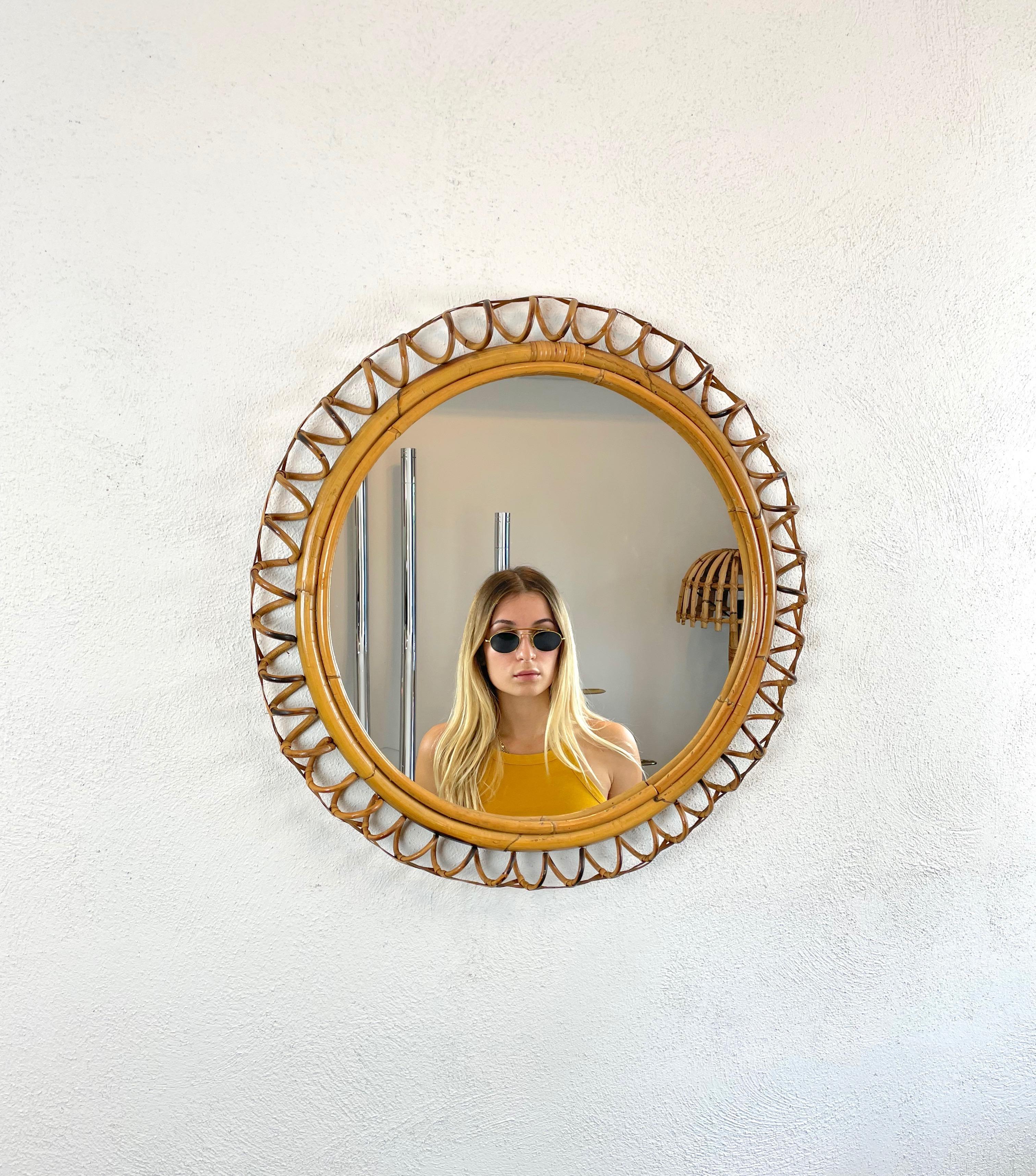 Rattan & Bamboo Round Wall Mirror, Italy, 1960s 1
