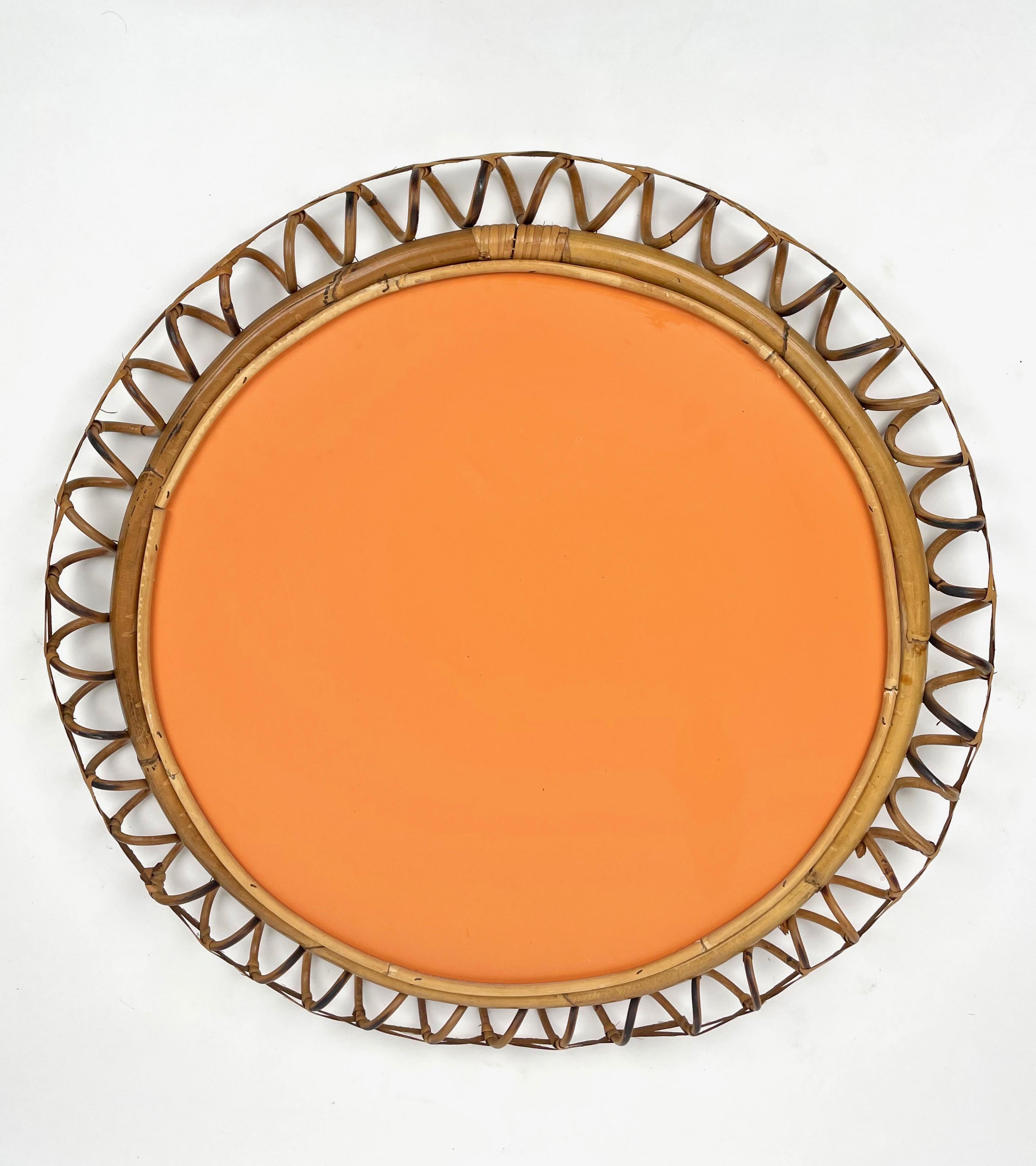 Rattan & Bamboo Round Wall Mirror, Italy, 1960s 3