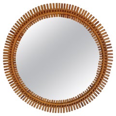 Rattan Bamboo Round Wall Mirror, Italy, 1960s
