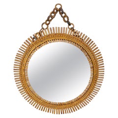 Rattan Bamboo Round Wall Mirror, Italy, 1960s