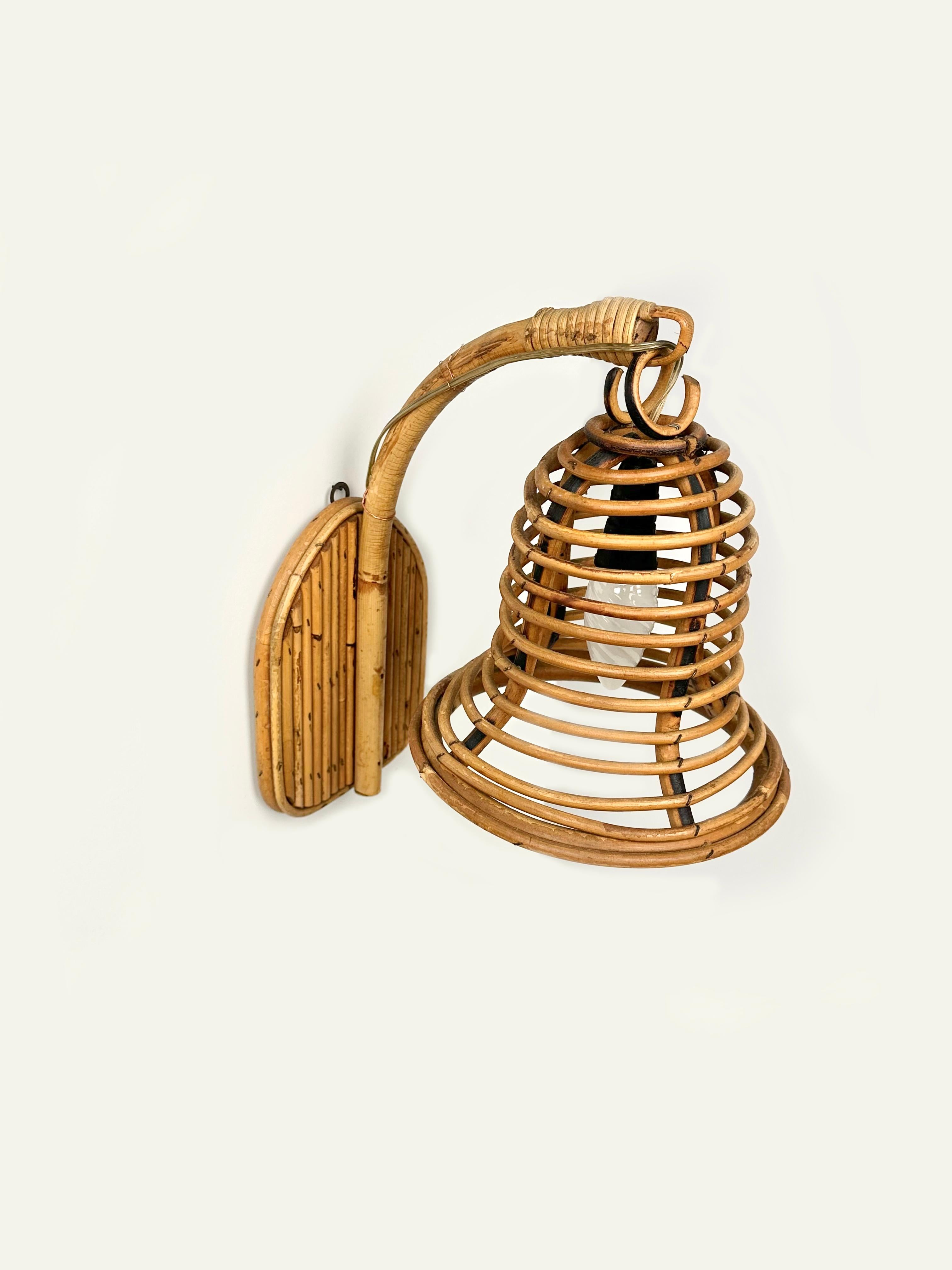 Italian Rattan & Bamboo Sconce Wall Lamp Lantern Louis Sognot Style, Italy, 1960s For Sale
