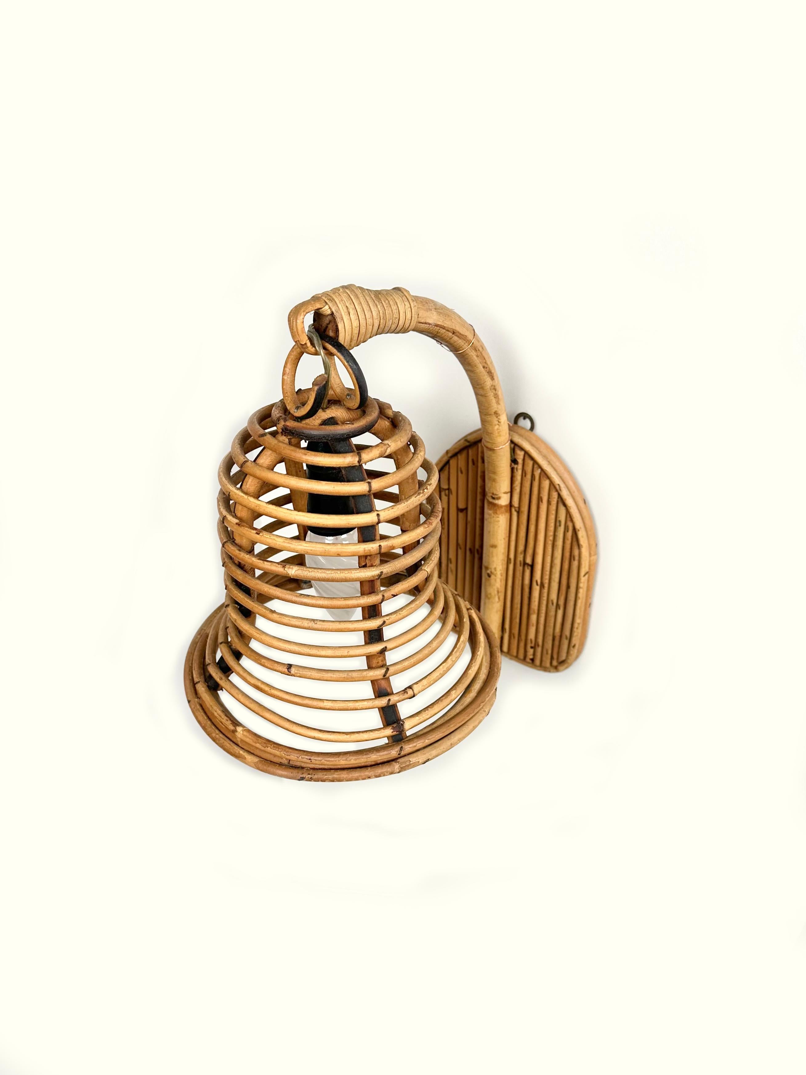 Rattan & Bamboo Sconce Wall Lamp Lantern Louis Sognot Style, Italy, 1960s For Sale 3