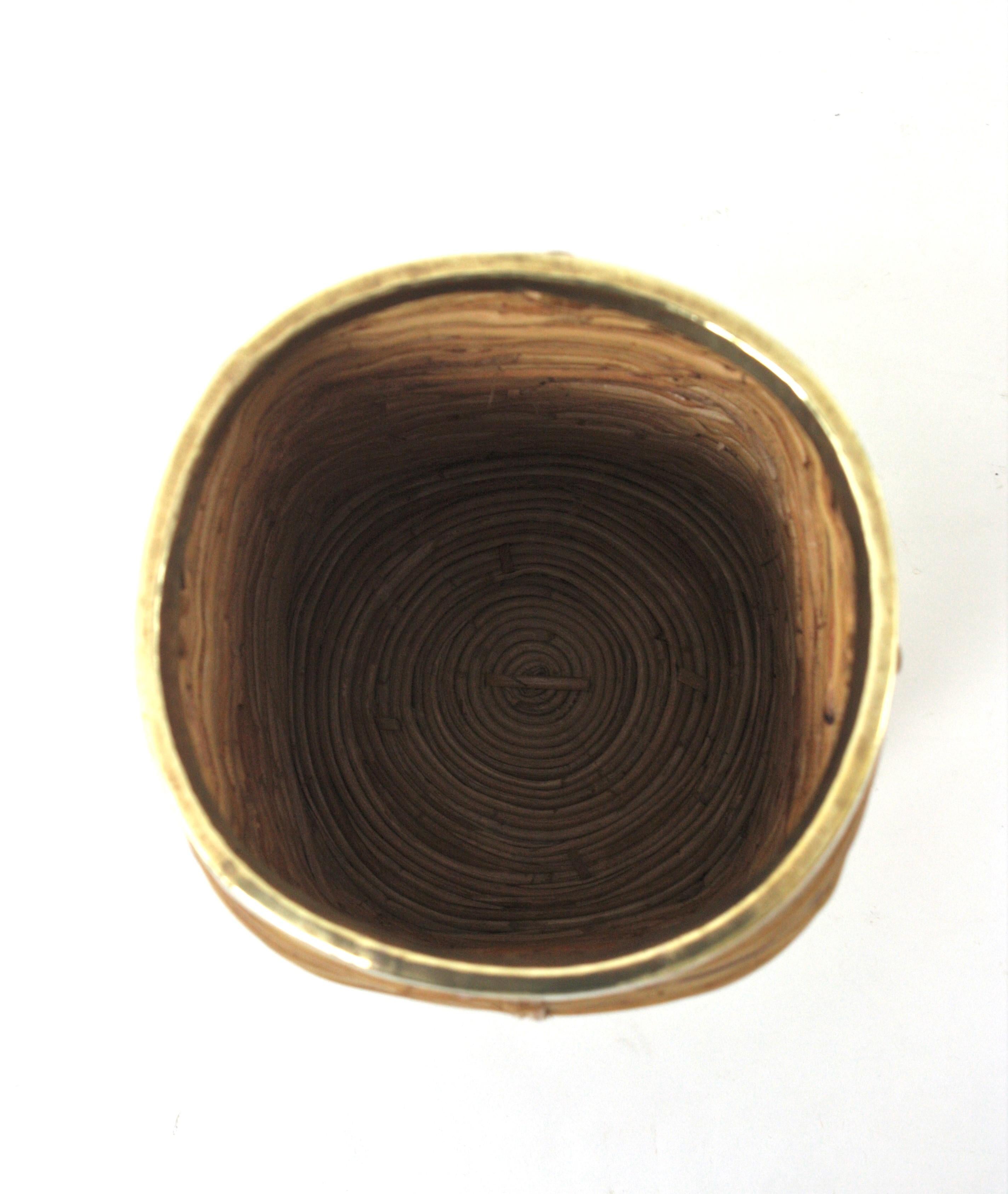 Rattan Bamboo Small Umbrella Stand with Brass Rim, Italy 1970s For Sale 3