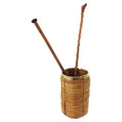 Rattan Bamboo Small Umbrella Stand with Brass Rim, Italy 1970s