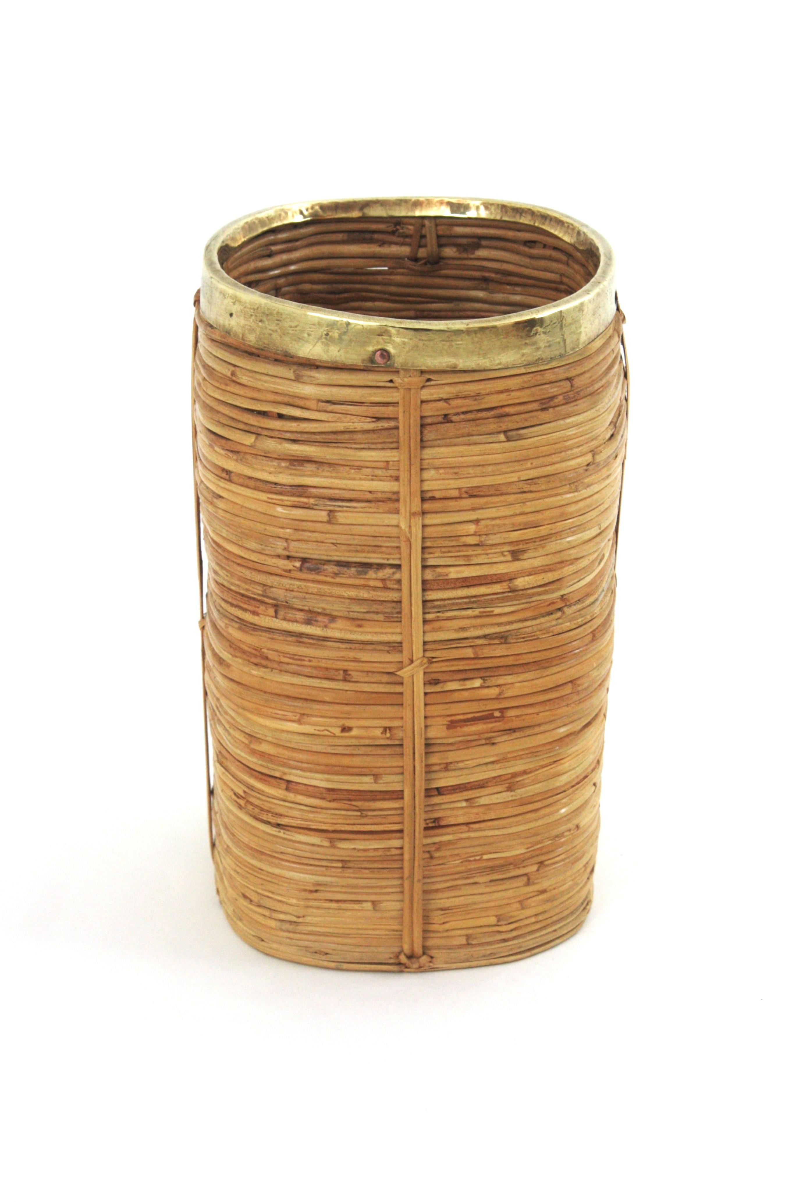 Italian Rattan Bamboo Small Umbrella Stand with Brass Rim, Italy 1970s For Sale