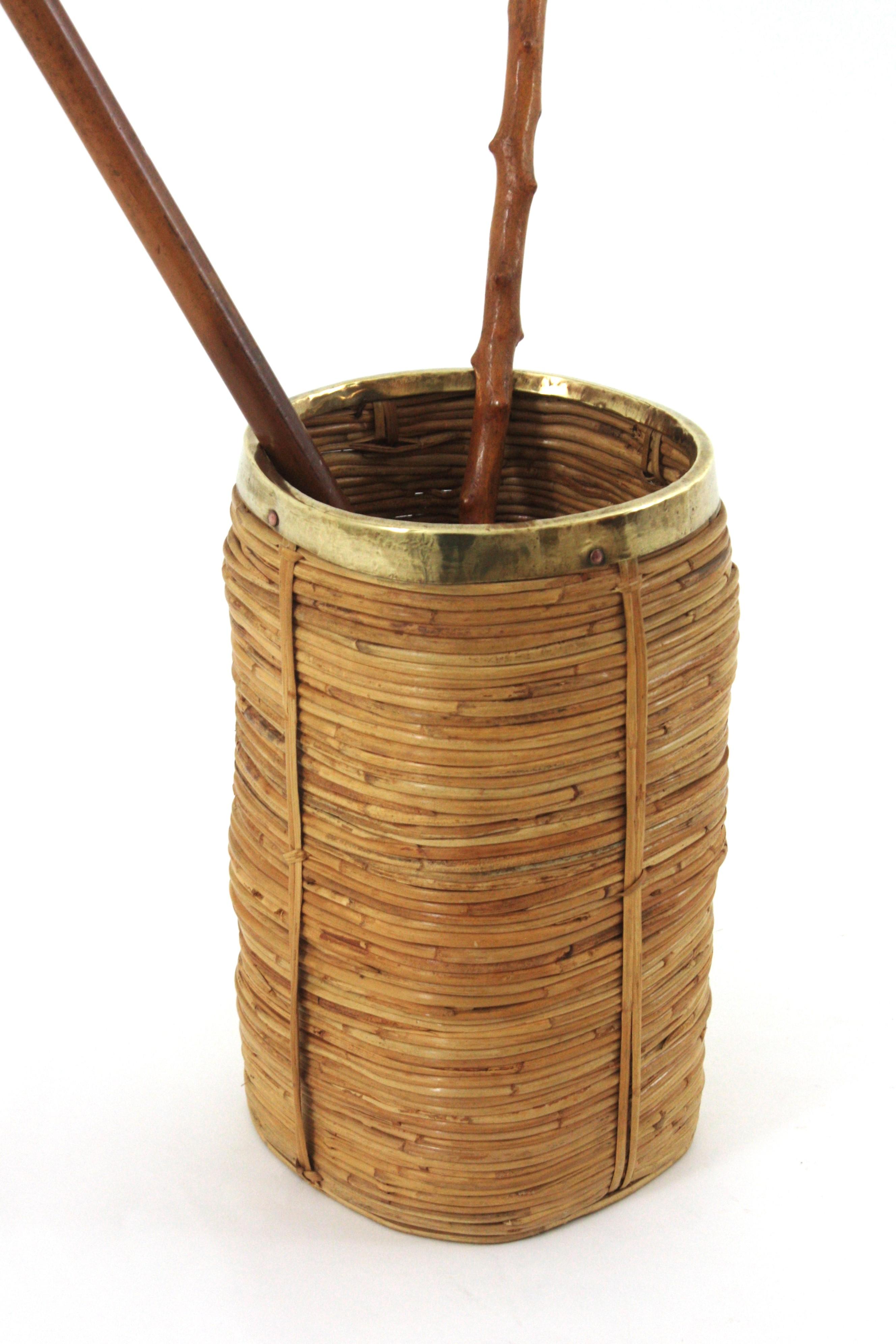 Hand-Crafted Rattan Bamboo Small Umbrella Stand with Brass Rim, Italy 1970s For Sale