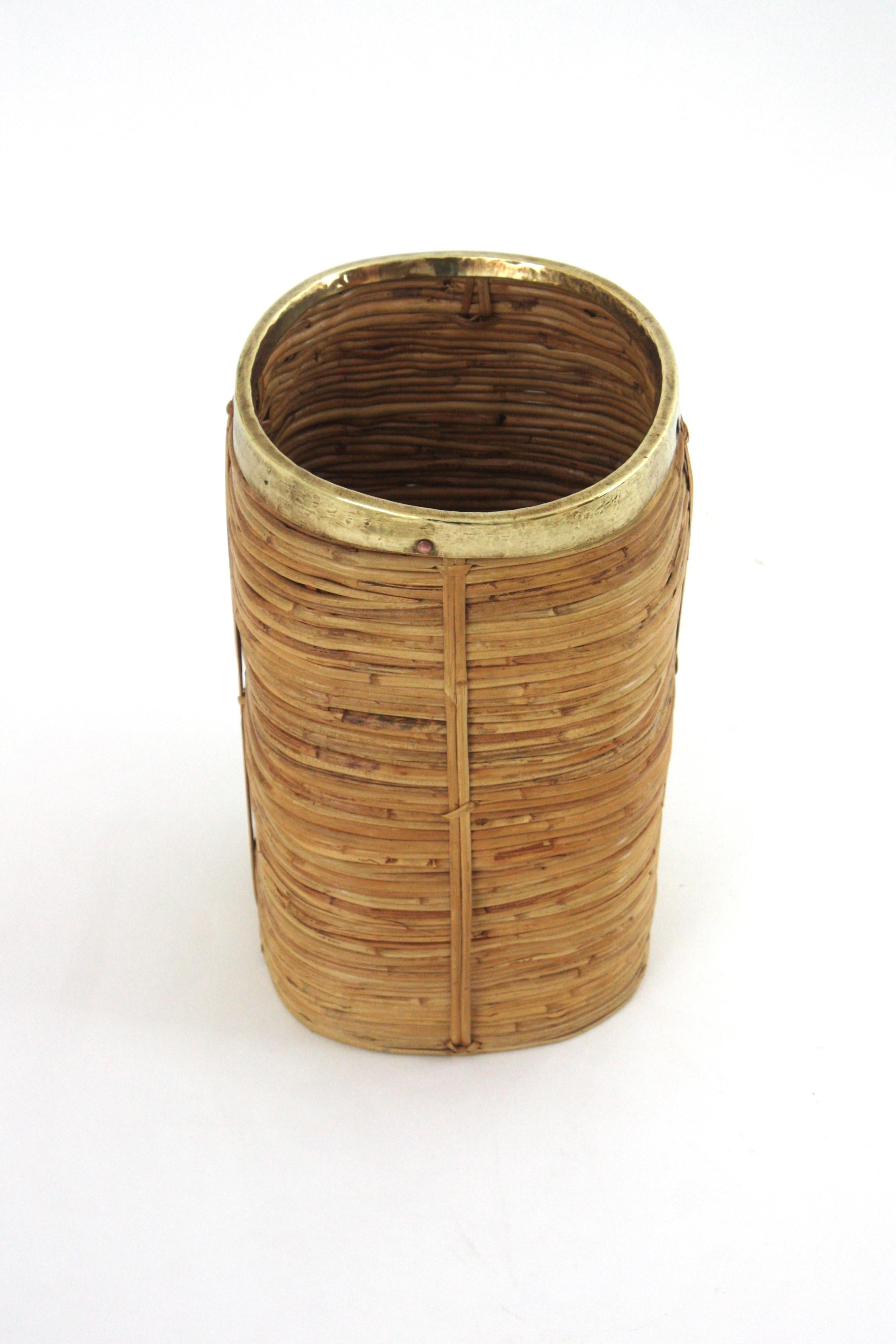 20th Century Rattan Bamboo Small Umbrella Stand with Brass Rim, Italy 1970s For Sale