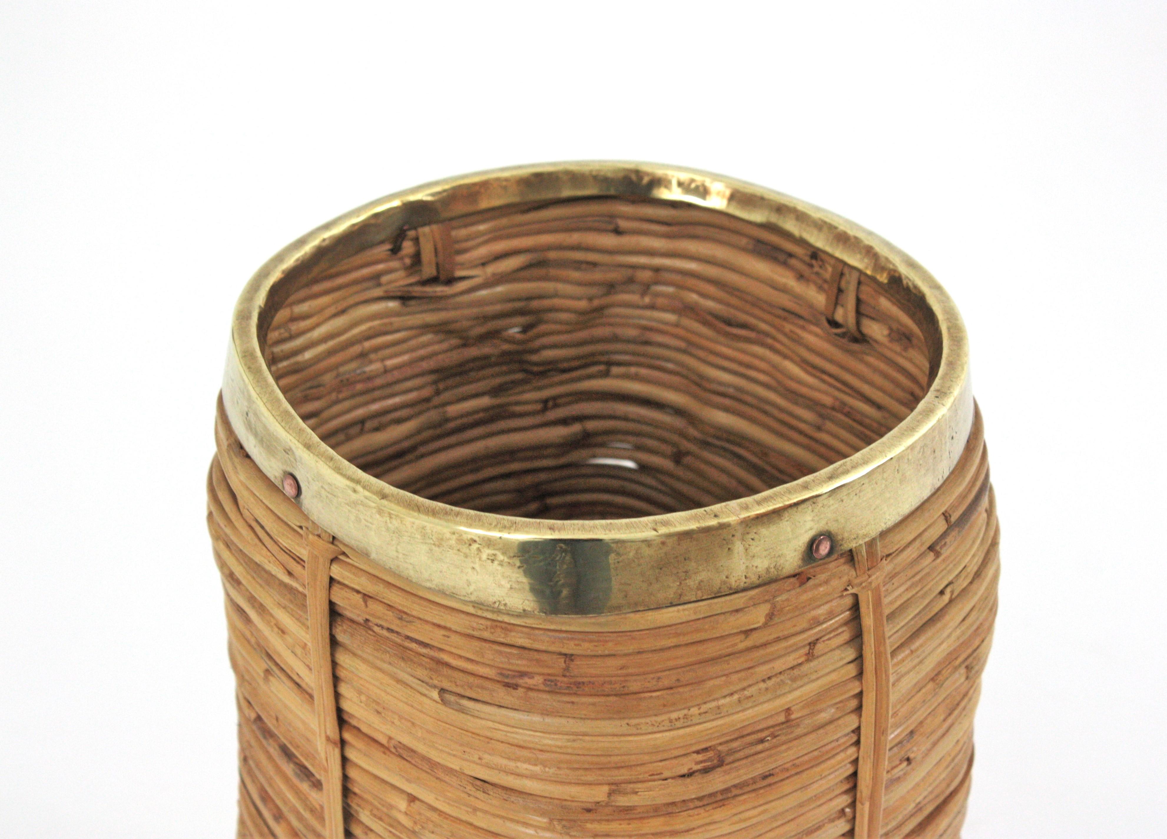 Rattan Bamboo Small Umbrella Stand with Brass Rim, Italy 1970s For Sale 1