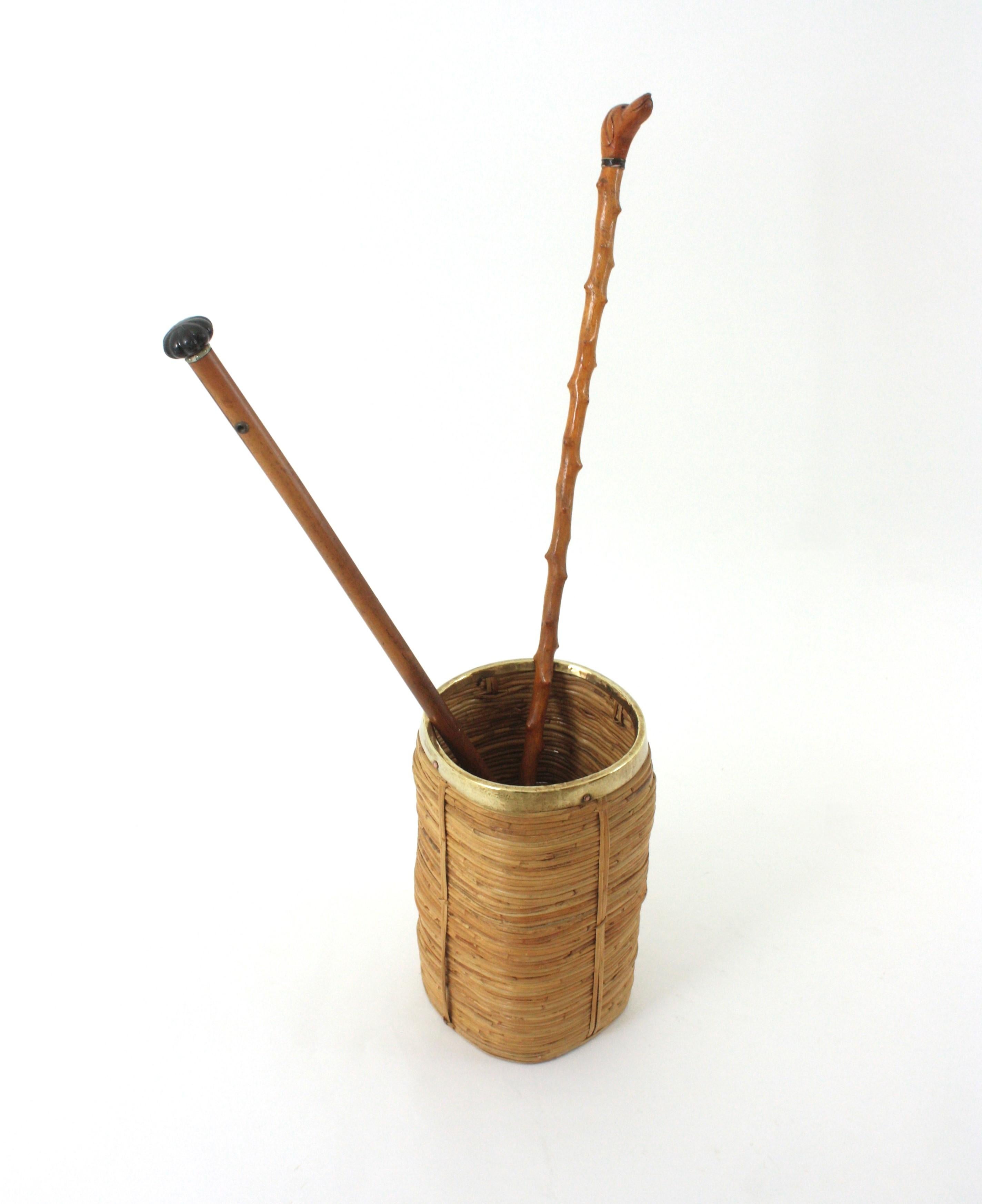 Rattan Bamboo Small Umbrella Stand with Brass Rim, Italy 1970s For Sale 2
