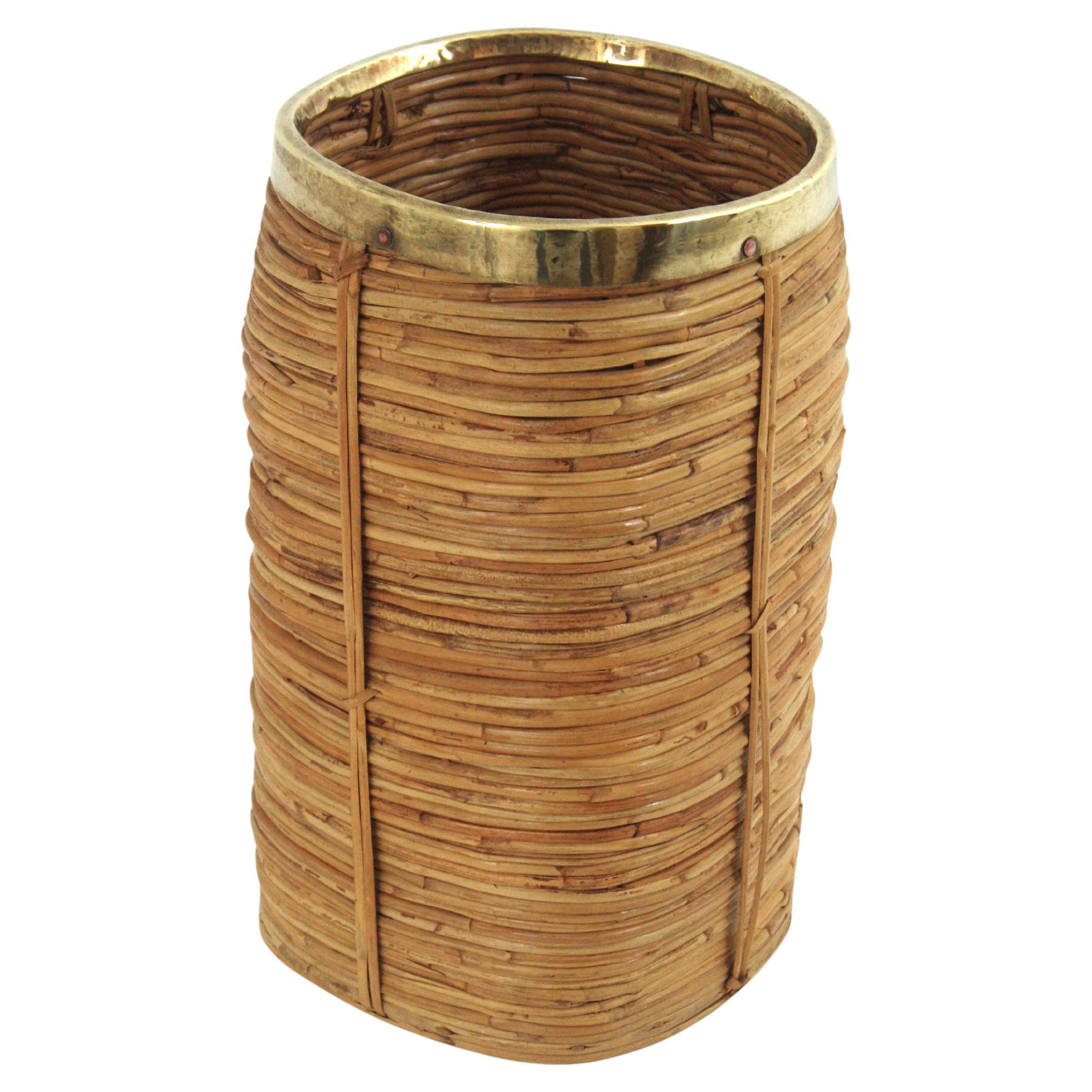 Rattan Bamboo Small Umbrella Stand with Brass Rim, Italy 1970s