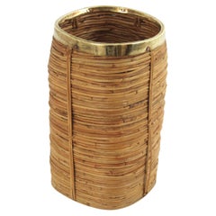 Rattan Bamboo Small Umbrella Stand with Brass Rim, Italy 1970s