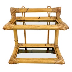 Rattan, Bamboo & Smocked Glass Wall-Mounted Bedside Shelf, Italy 1970s