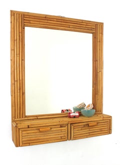 Rattan Bamboo Split Reed Mirror Shelf / Wall Cabinet