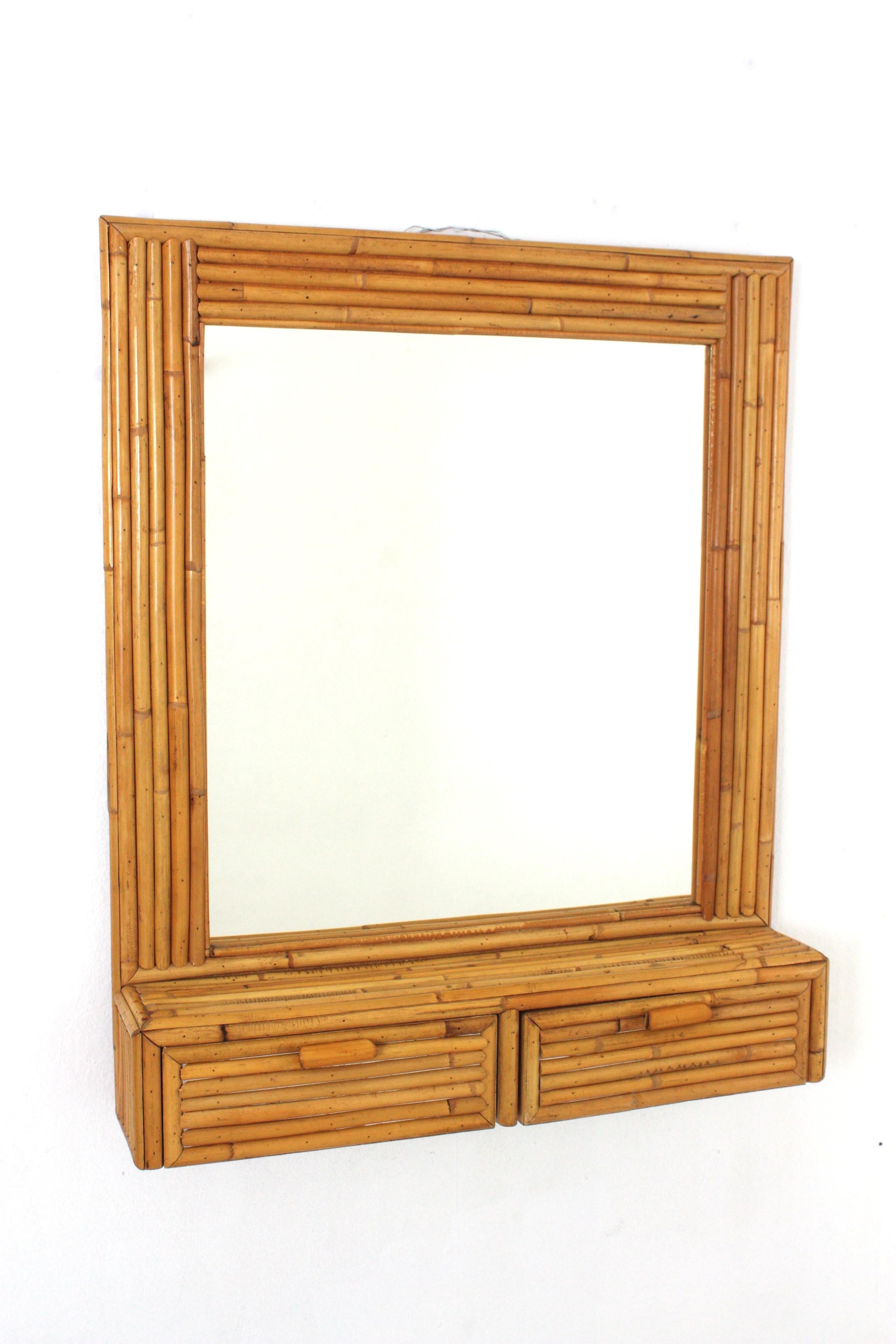 Mid-Century Modern Rattan Bamboo Split Reed Wall Mirror / Wall Cabinet For Sale