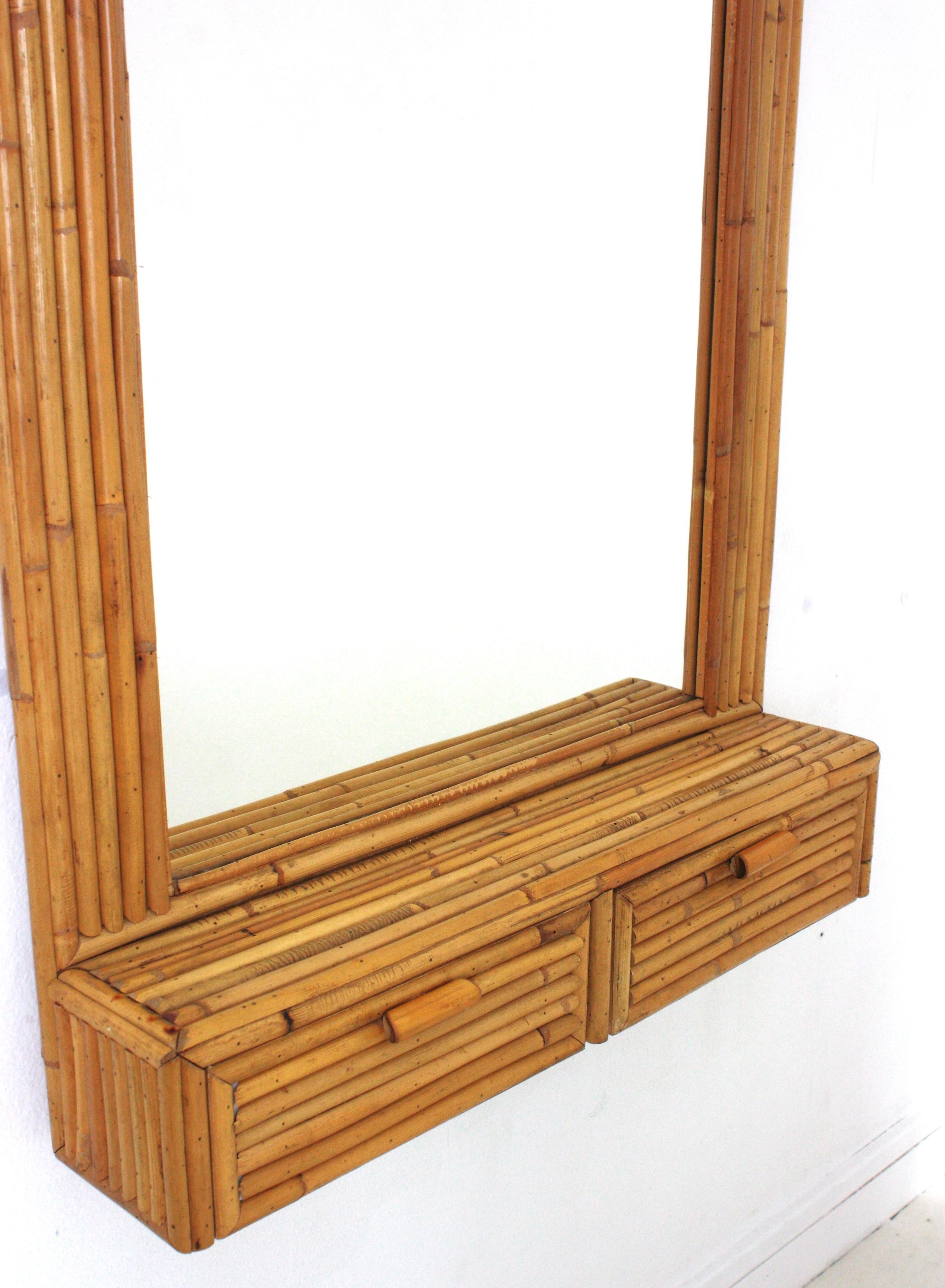 Hand-Crafted Rattan Bamboo Split Reed Wall Mirror / Wall Cabinet For Sale