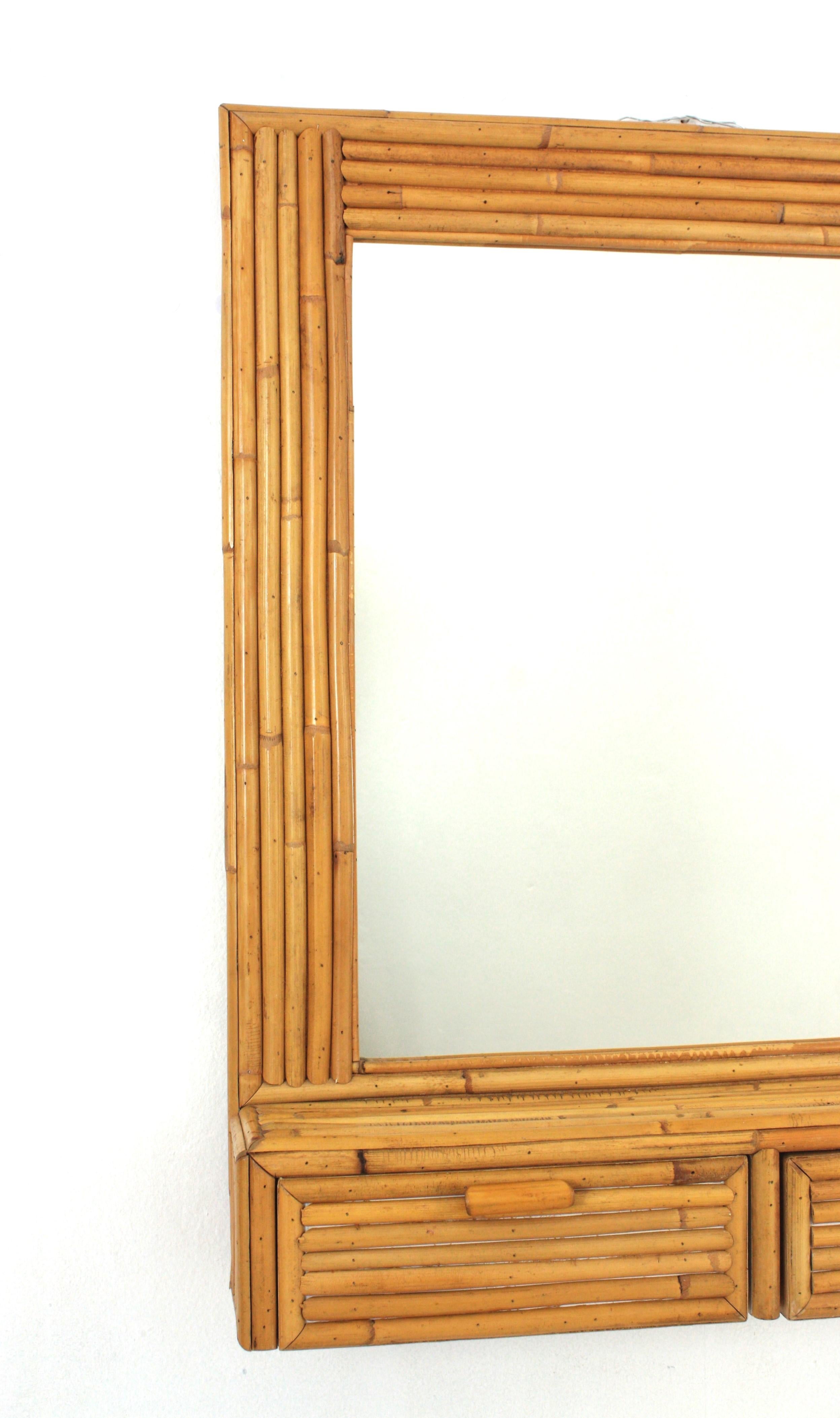 20th Century Rattan Bamboo Split Reed Wall Mirror / Wall Cabinet For Sale