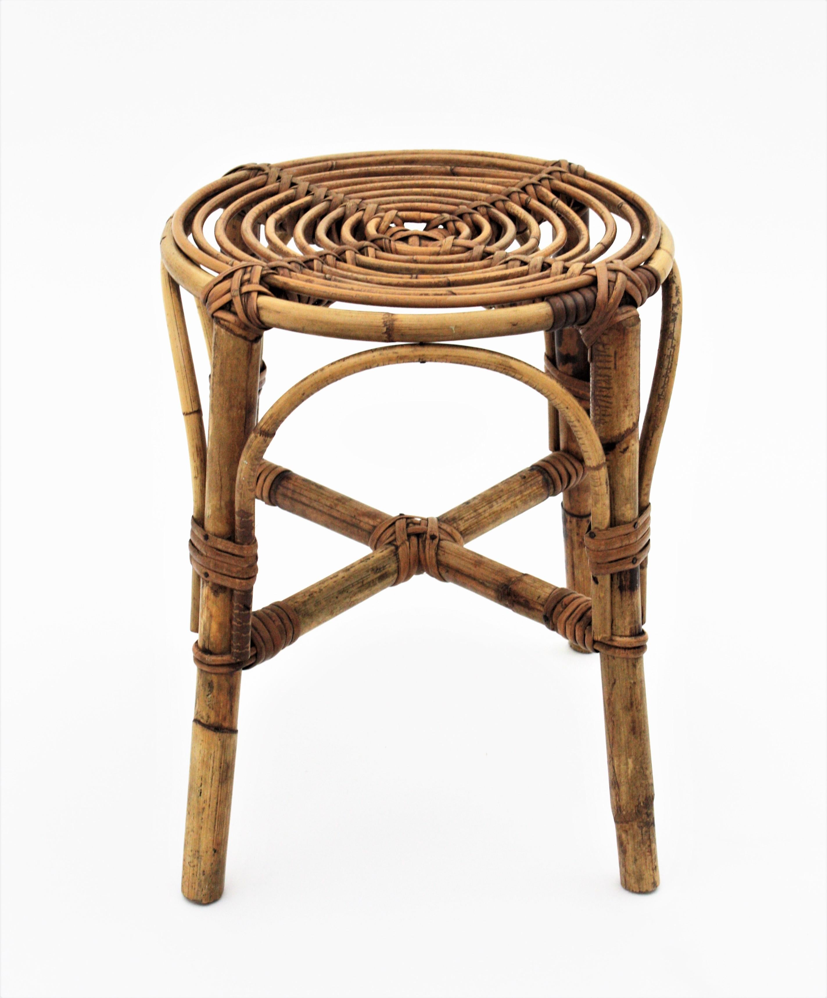 Spanish Rattan Bamboo Stool  or Side Table in the Style of Franco Albini For Sale
