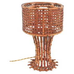 Rattan Bamboo Table Lamp with Woven Wicker Lampshade, 1950s