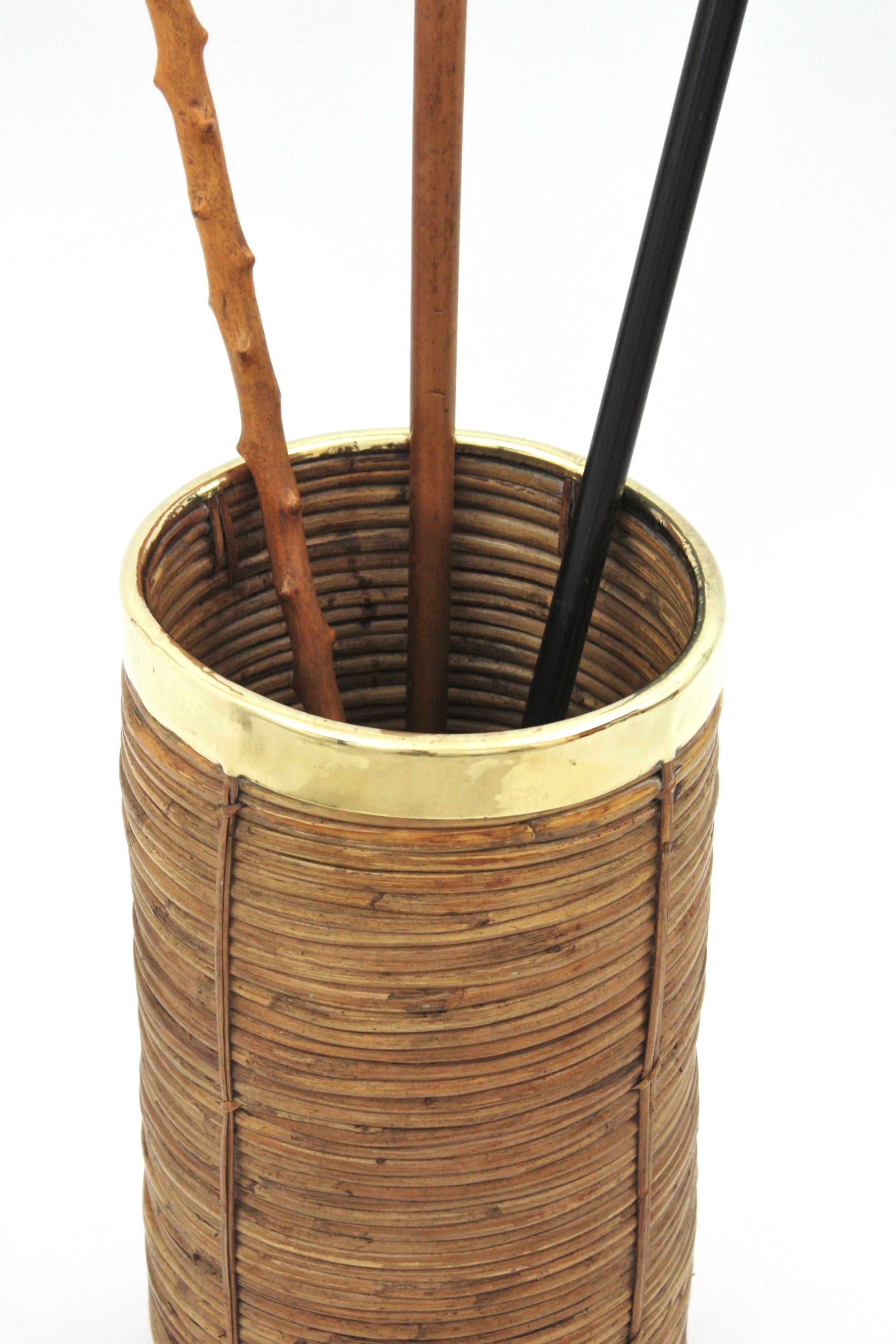 Rattan Bamboo Umbrella Stand with Brass Rim, Italy, 1970s For Sale 3