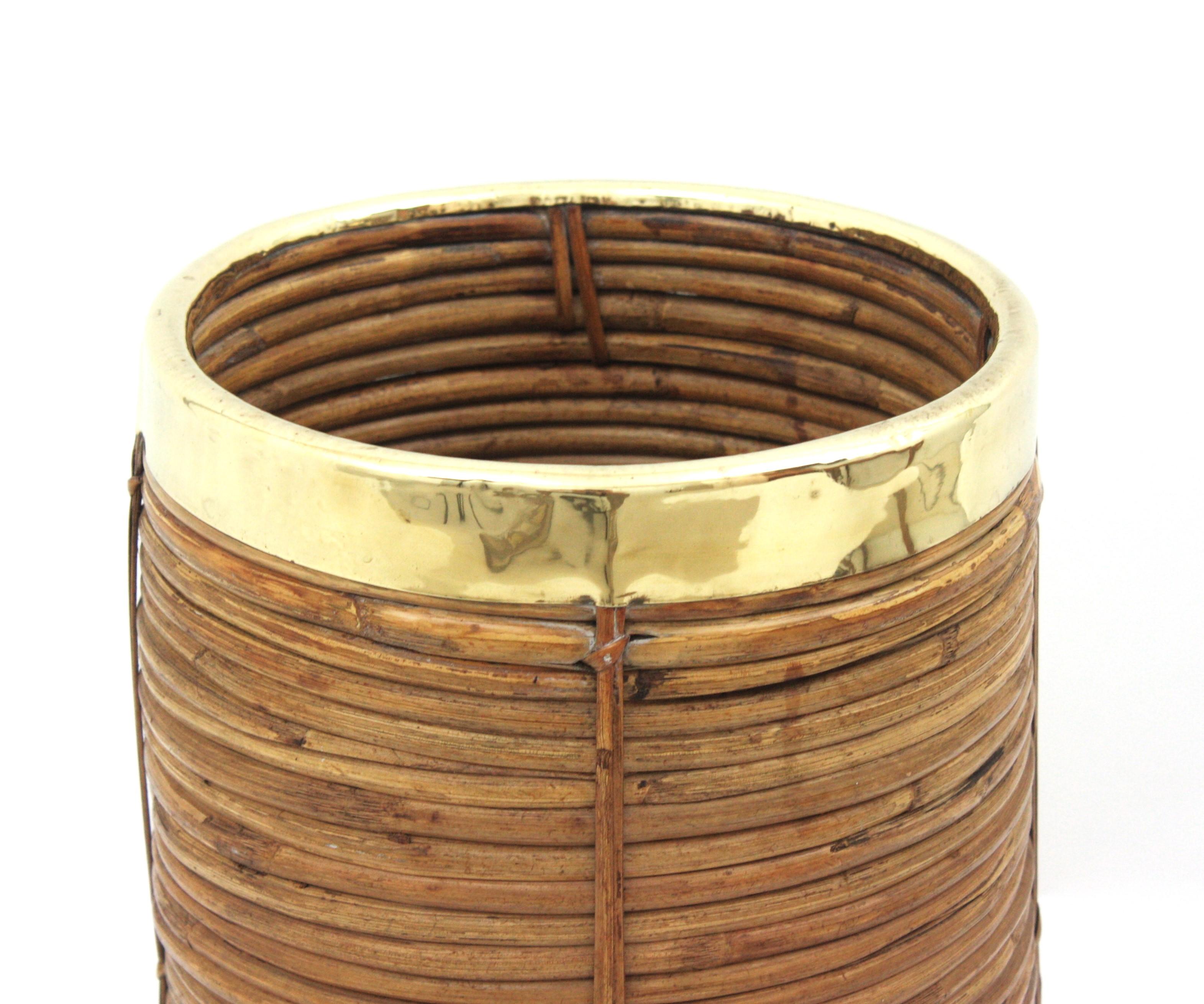 Rattan Bamboo Umbrella Stand with Brass Rim, Italy, 1970s For Sale 4