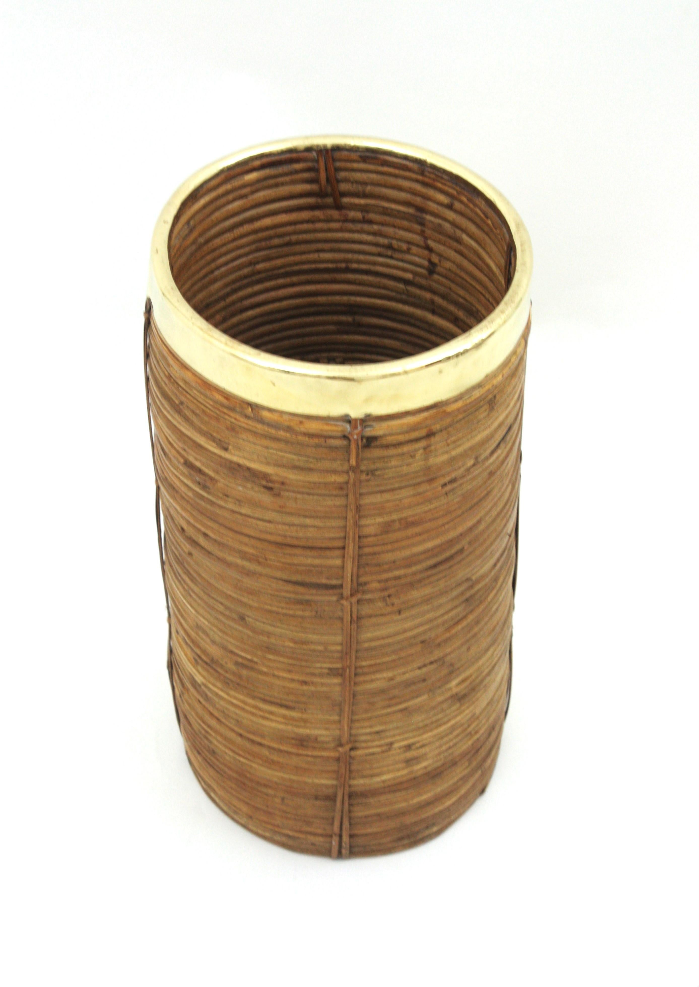 Rattan Bamboo Umbrella Stand with Brass Rim, Italy, 1970s For Sale 5