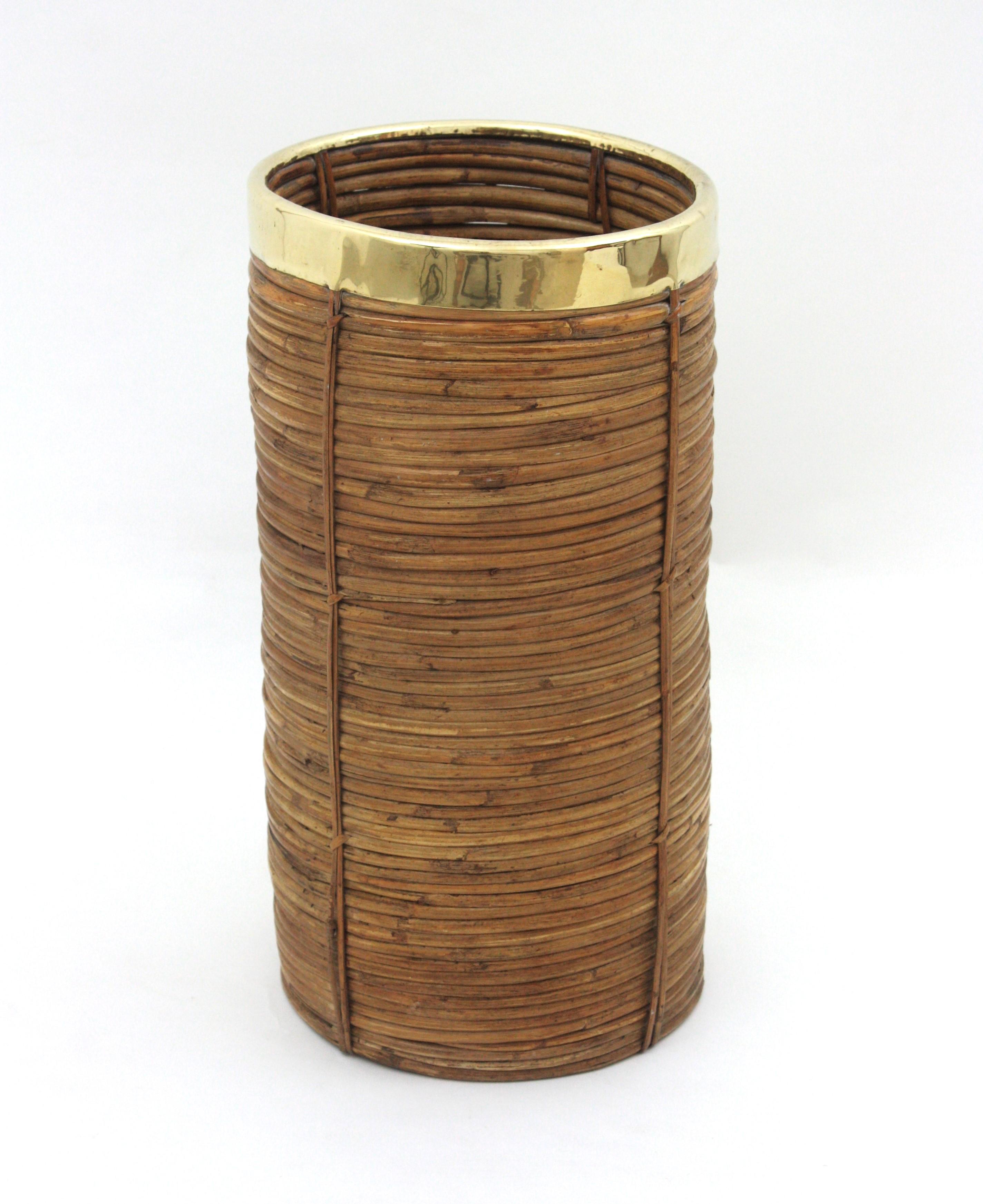 Rattan Bamboo Umbrella Stand with Brass Rim, Italy, 1970s For Sale 6
