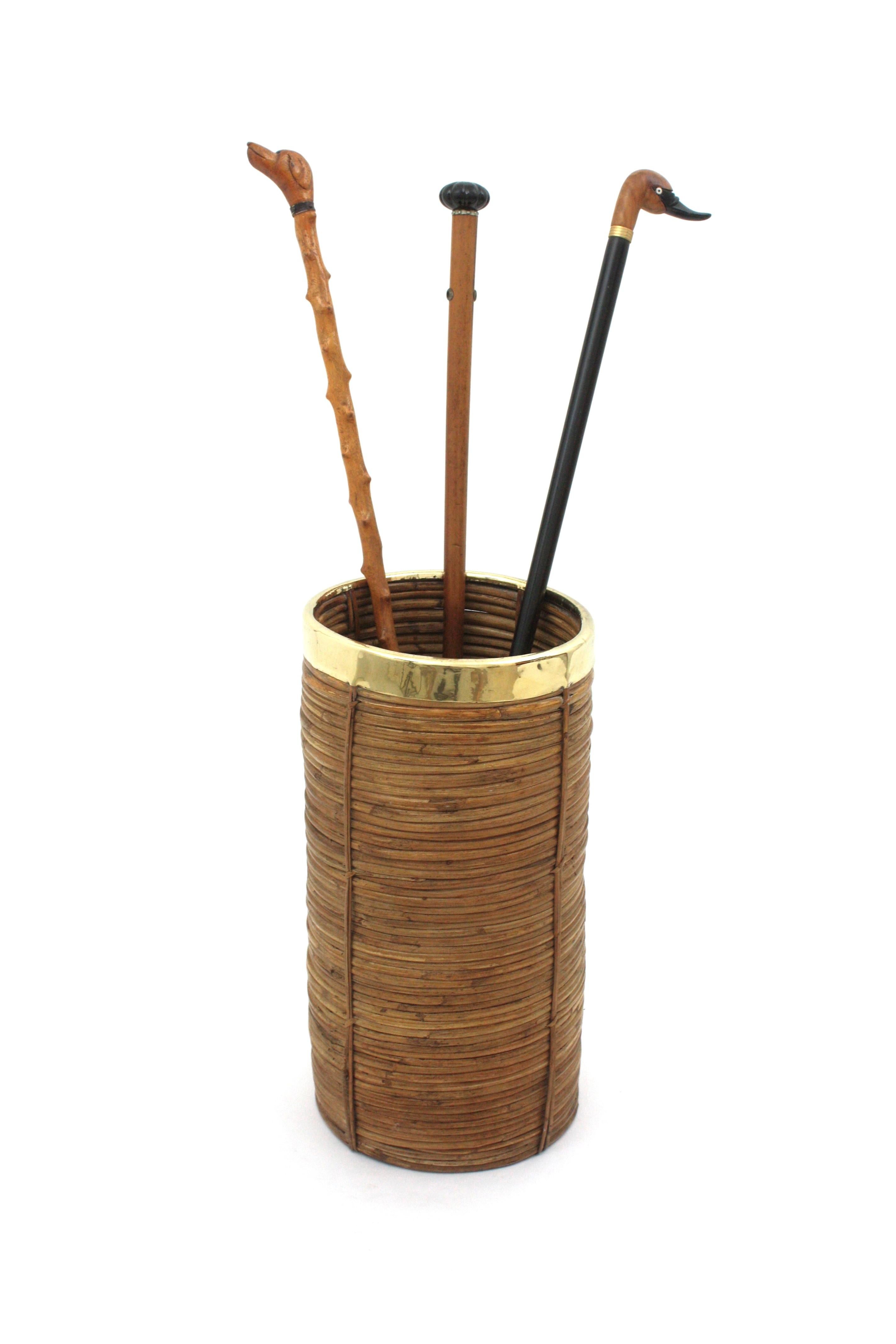 Rattan Bamboo Umbrella Stand with Brass Rim, Italy, 1970s For Sale 7