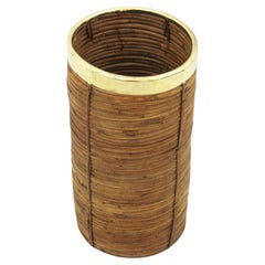 Rattan Bamboo Umbrella Stand with Brass Rim, Italy, 1970s