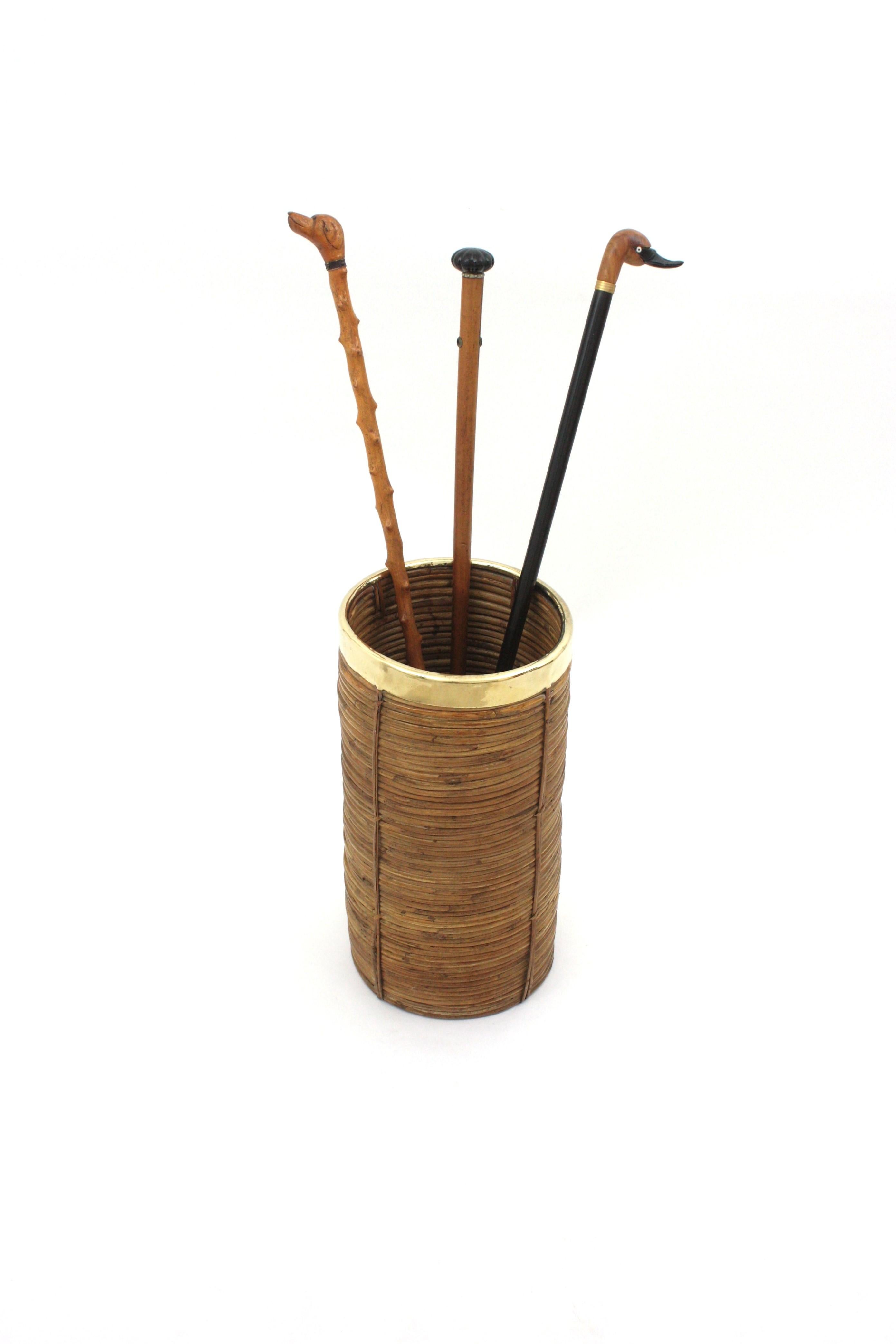 Mid-Century Modern Rattan Bamboo Umbrella Stand with Brass Rim, Italy, 1970s For Sale