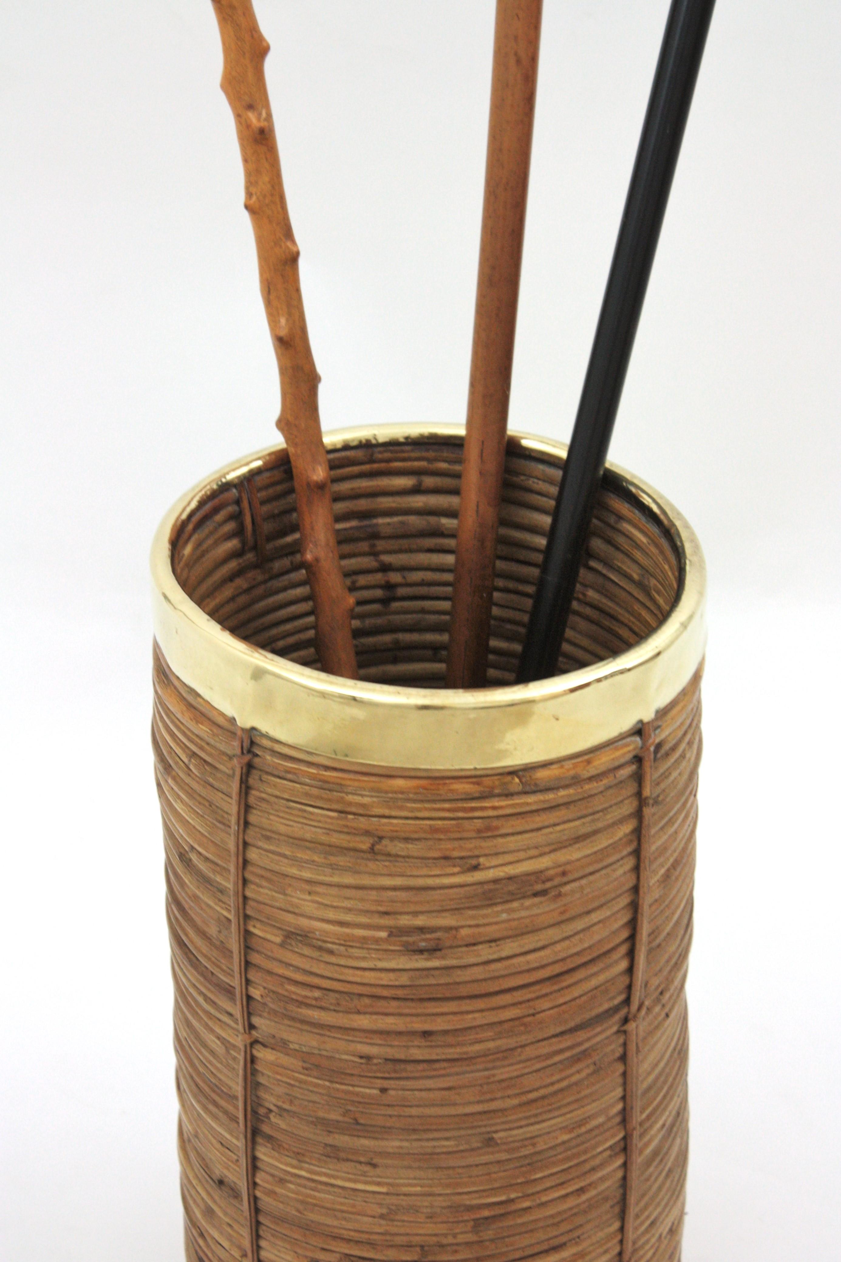 Italian Rattan Bamboo Umbrella Stand with Brass Rim, Italy, 1970s For Sale