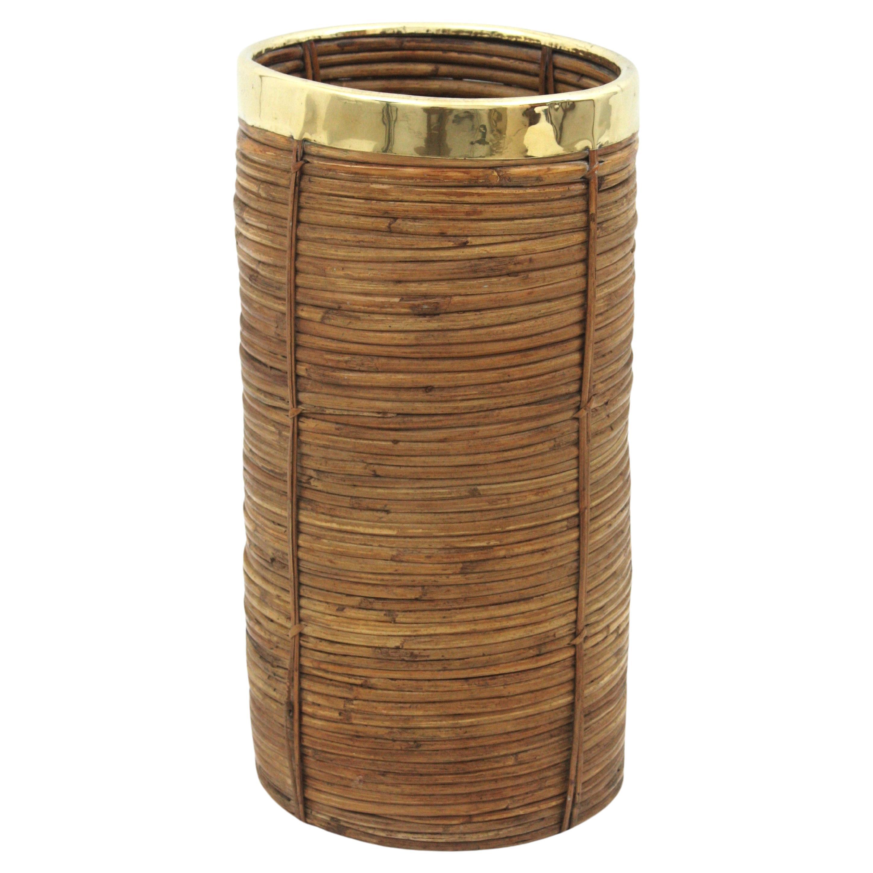 Hand-Crafted Rattan Bamboo Umbrella Stand with Brass Rim, Italy, 1970s For Sale