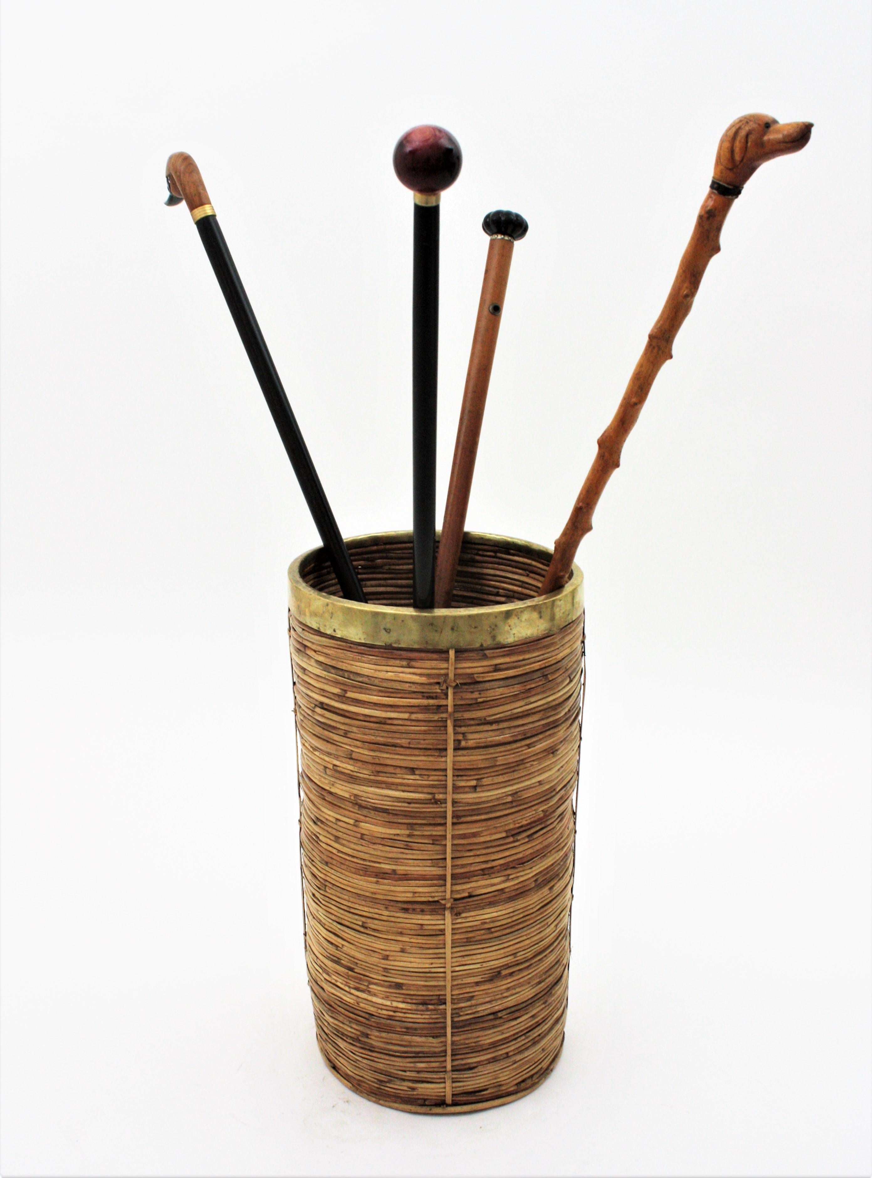 Rattan Bamboo Umbrella Stand with Brass Rim, Italy, 1970s 1
