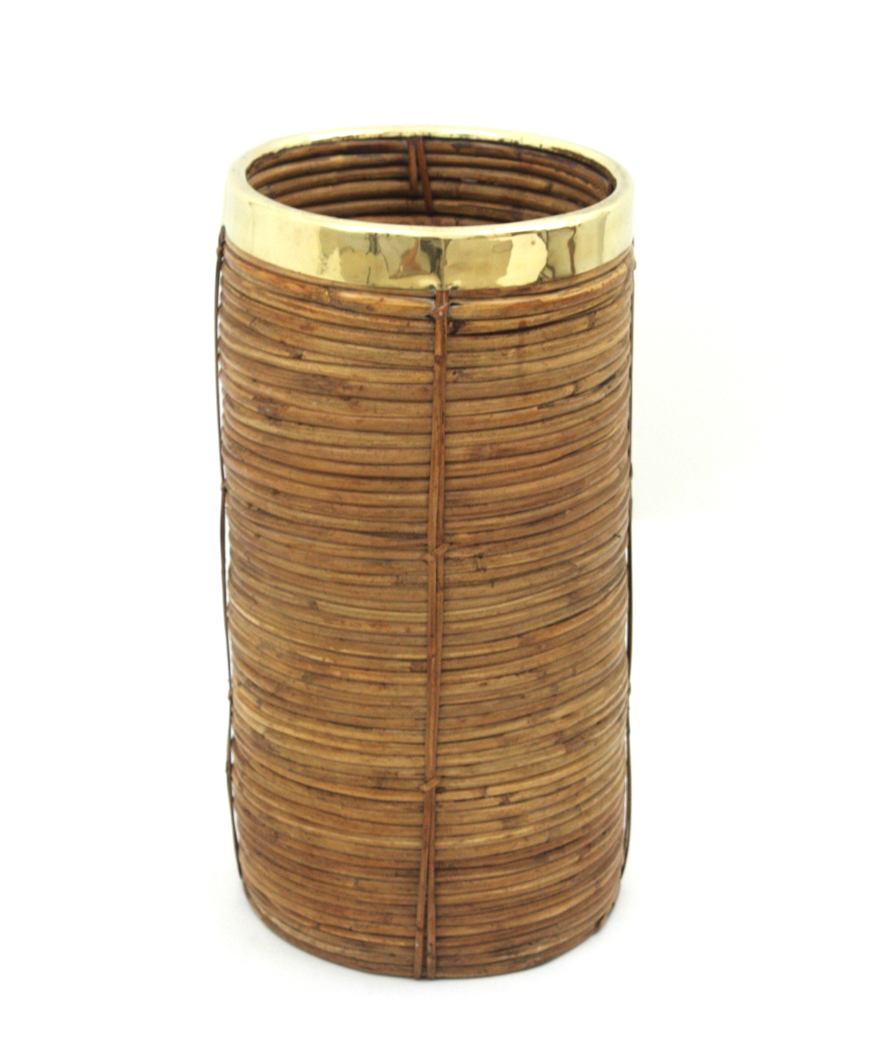 20th Century Rattan Bamboo Umbrella Stand with Brass Rim, Italy, 1970s For Sale