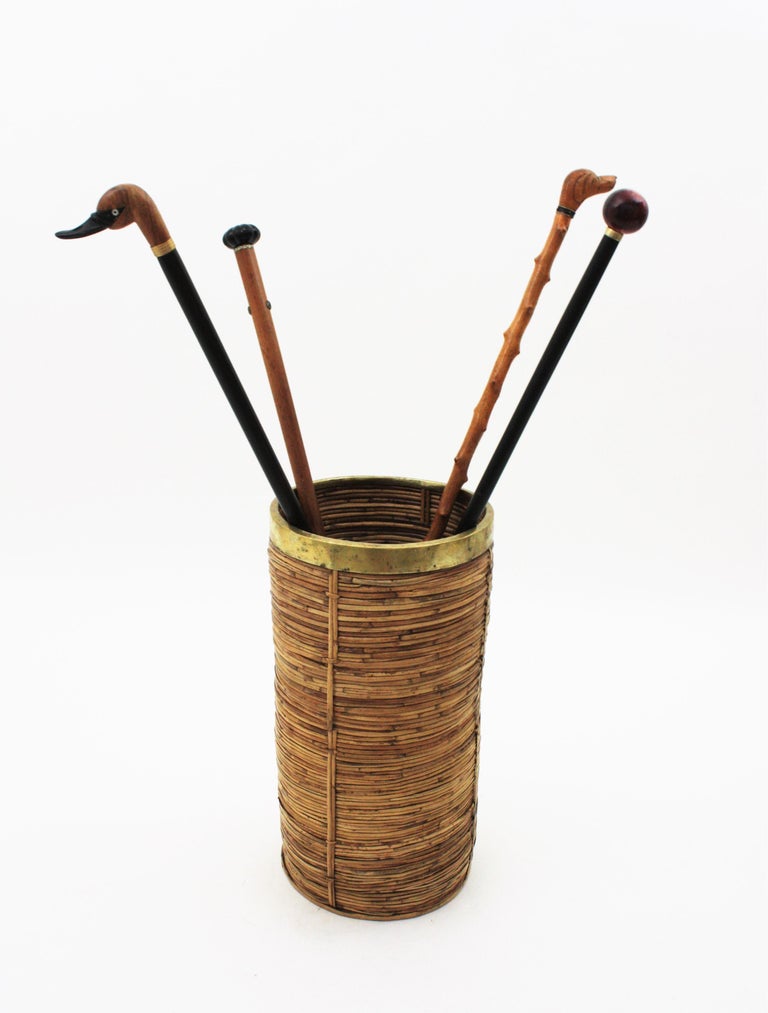 Rattan Bamboo Umbrella Stand with Brass Rim, Italy, 1970s For Sale at