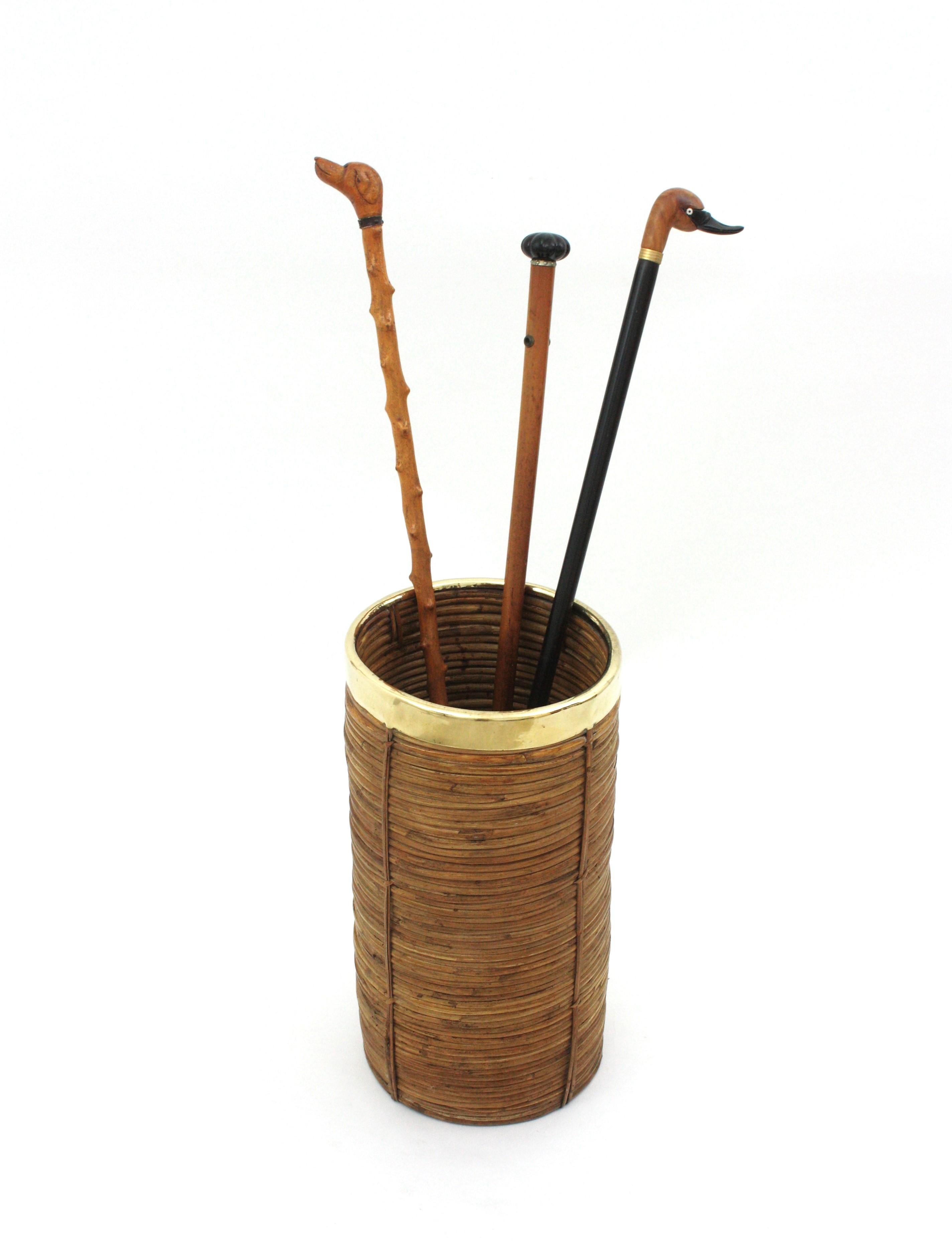 Rattan Bamboo Umbrella Stand with Brass Rim, Italy, 1970s For Sale 1