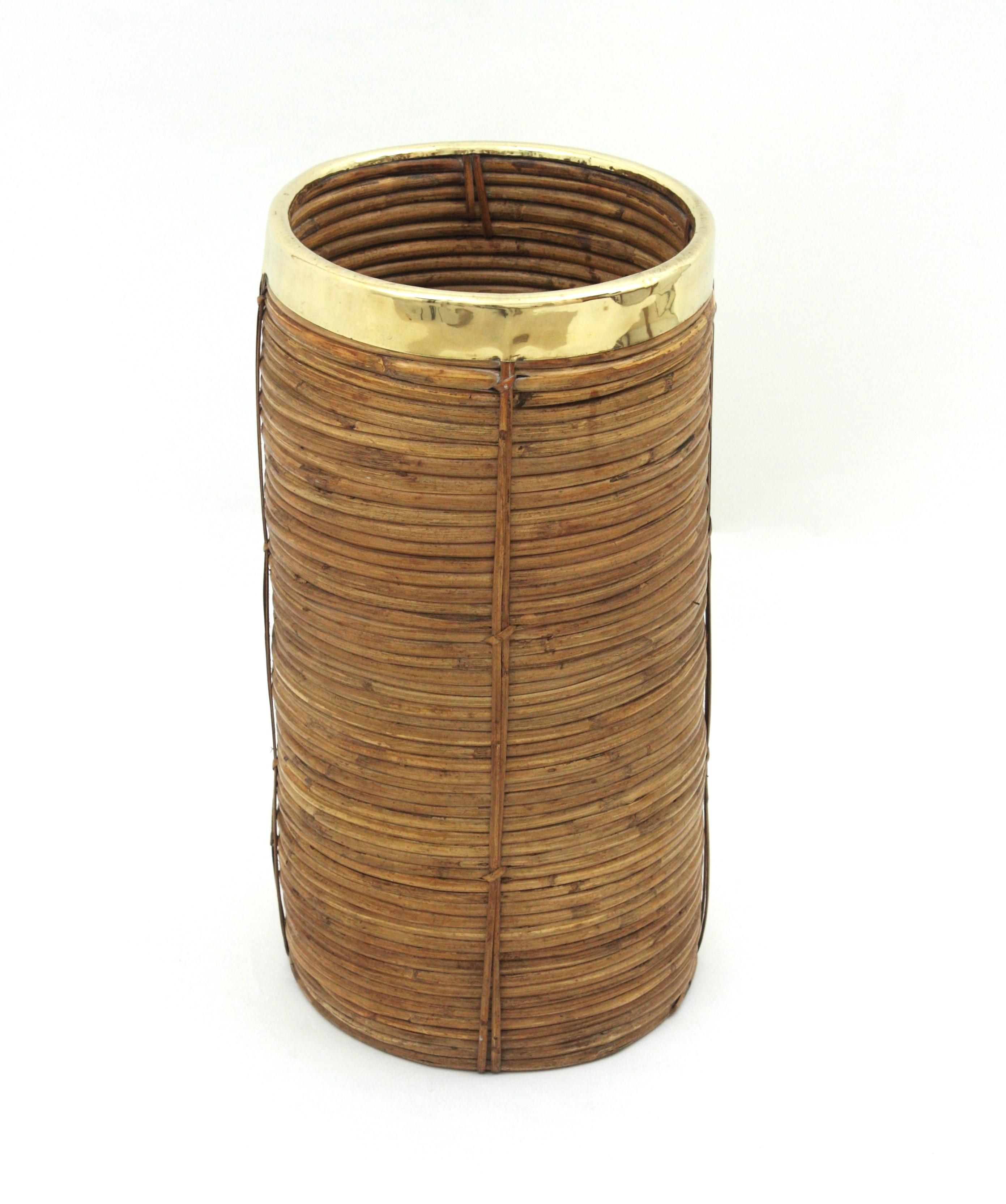 Rattan Bamboo Umbrella Stand with Brass Rim, Italy, 1970s For Sale 2