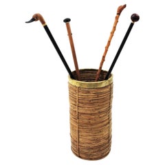 Vintage Rattan Bamboo Umbrella Stand with Brass Rim, Italy, 1970s