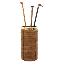 Rattan Bamboo Umbrella Stand with Brass Rim, Italy, 1970s