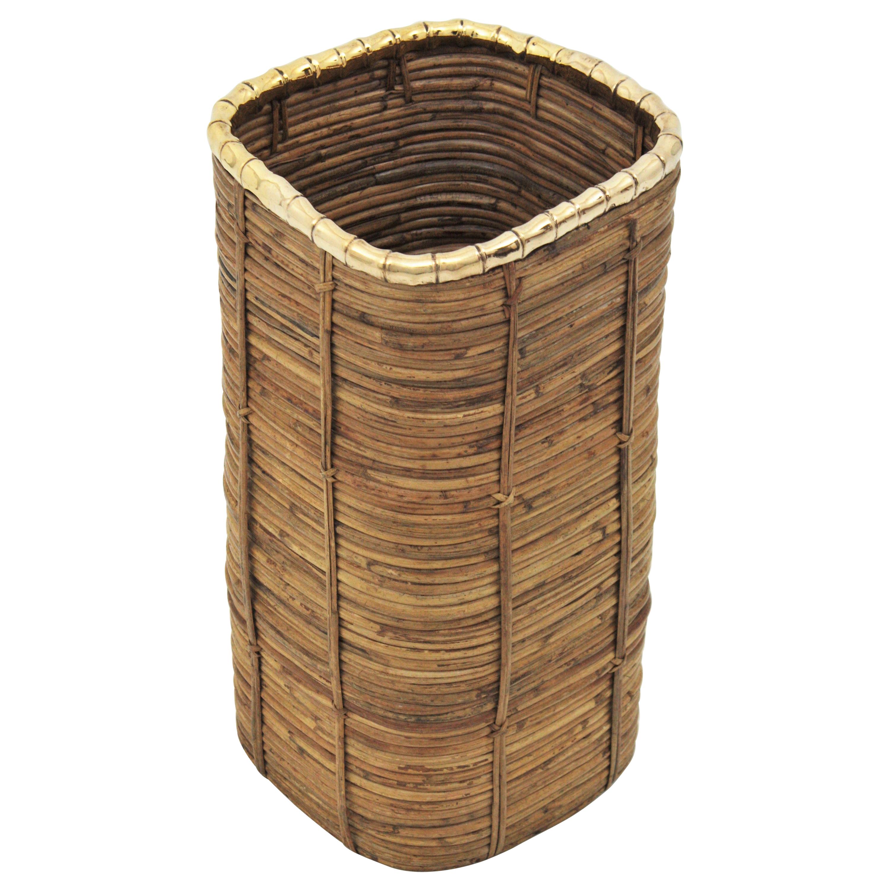 Rattan and Bamboo Umbrella Stand with Faux Bamboo Brass Rim, Italy, 1970s